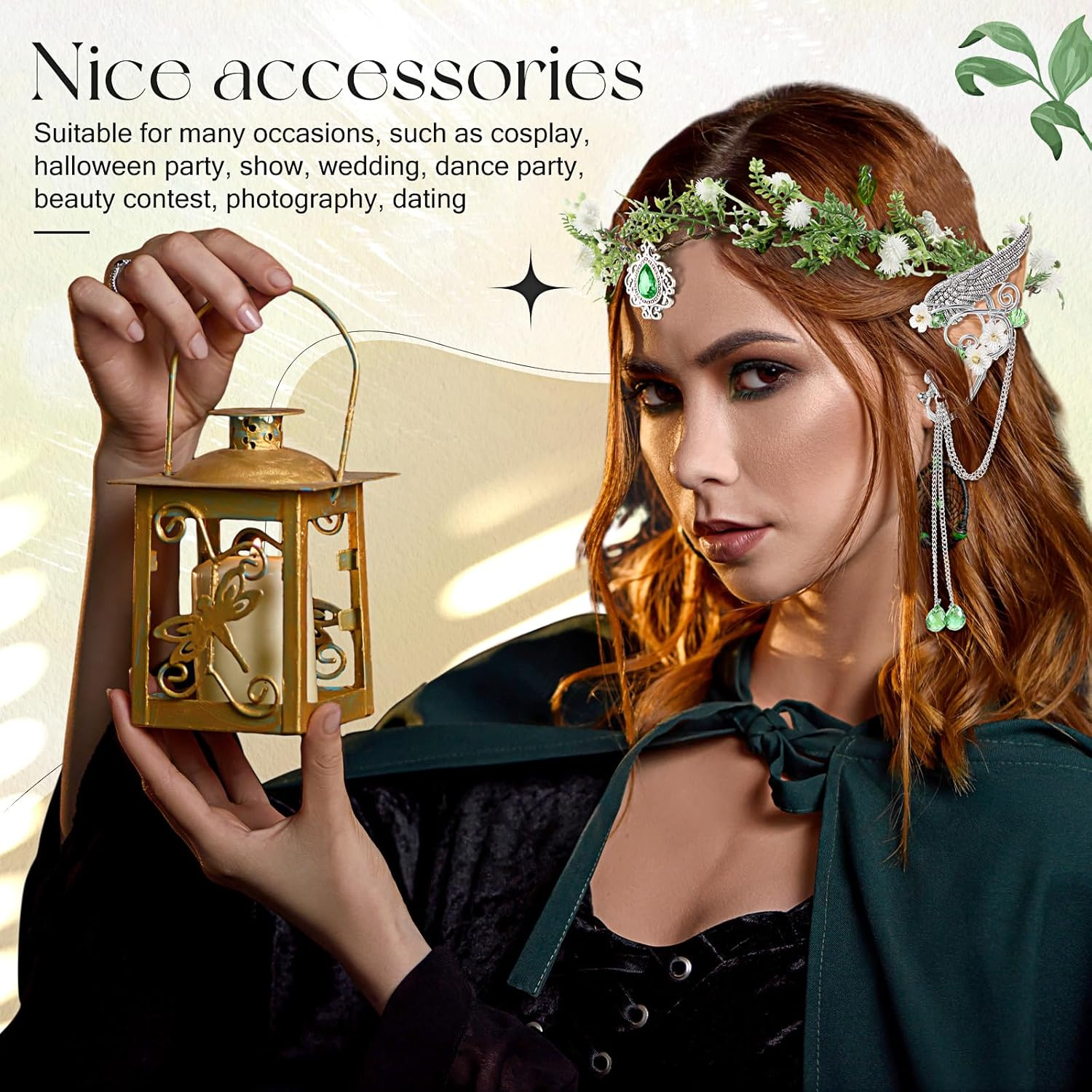Zeyune Halloween Elves Cosplay Set Fairy Flower Crown Headpiece Elf Ears Cuffs Renaissance Costume Leaf Elves Wings Ear Cuff image number 4