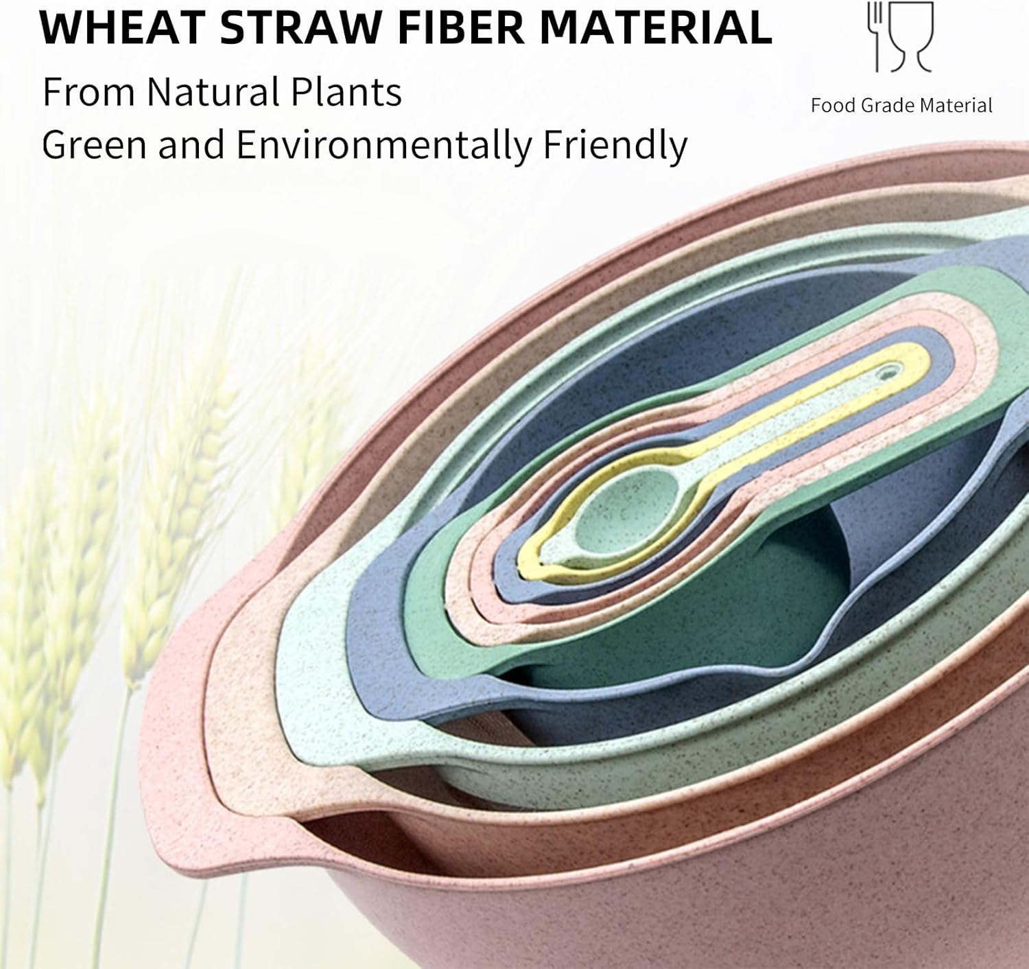 Menbyci 10Pcs Plastic Mixing Bowls Set with Measuring Spoon, Colorful Serving Bowls for Kitchen, Multi-Purpose Nesting Bowl with Handle, Colander and Fine Mesh Sifter, for Baking, Prepping and Cooking