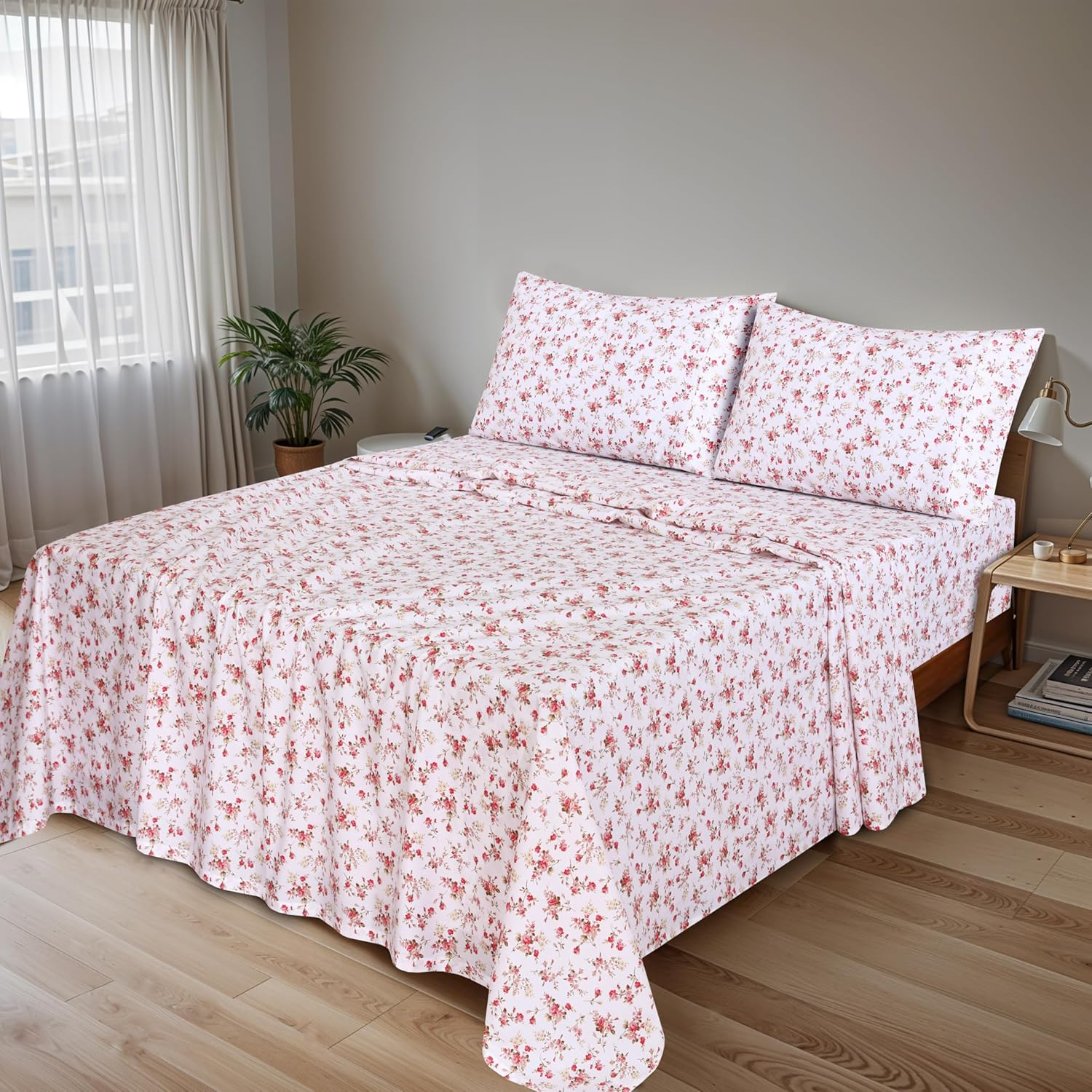 RUVANTI 100% Cotton King Size Sheets Set, 4 Pieces, Soft & Breathable Percale Weave Bedding, Deep Pocket 16", Hotel Standard, Crisp Cool Feel, Durable, Perfect Floral Bed Sheet, Bouquet image number 6