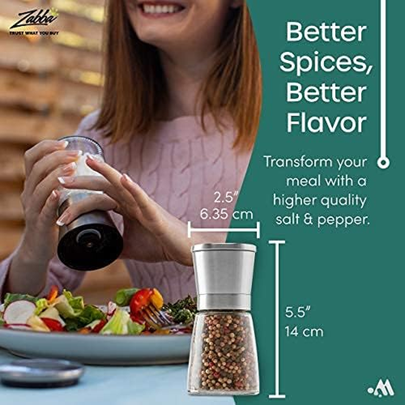 Salt and Pepper Grinder Set with Silicon Stand - Premium Pair of Salt & Peppercorn Mills with Adjustable Ceramic Coarseness - Brushed Stainless Steel and Glass Body Shakers image number 1