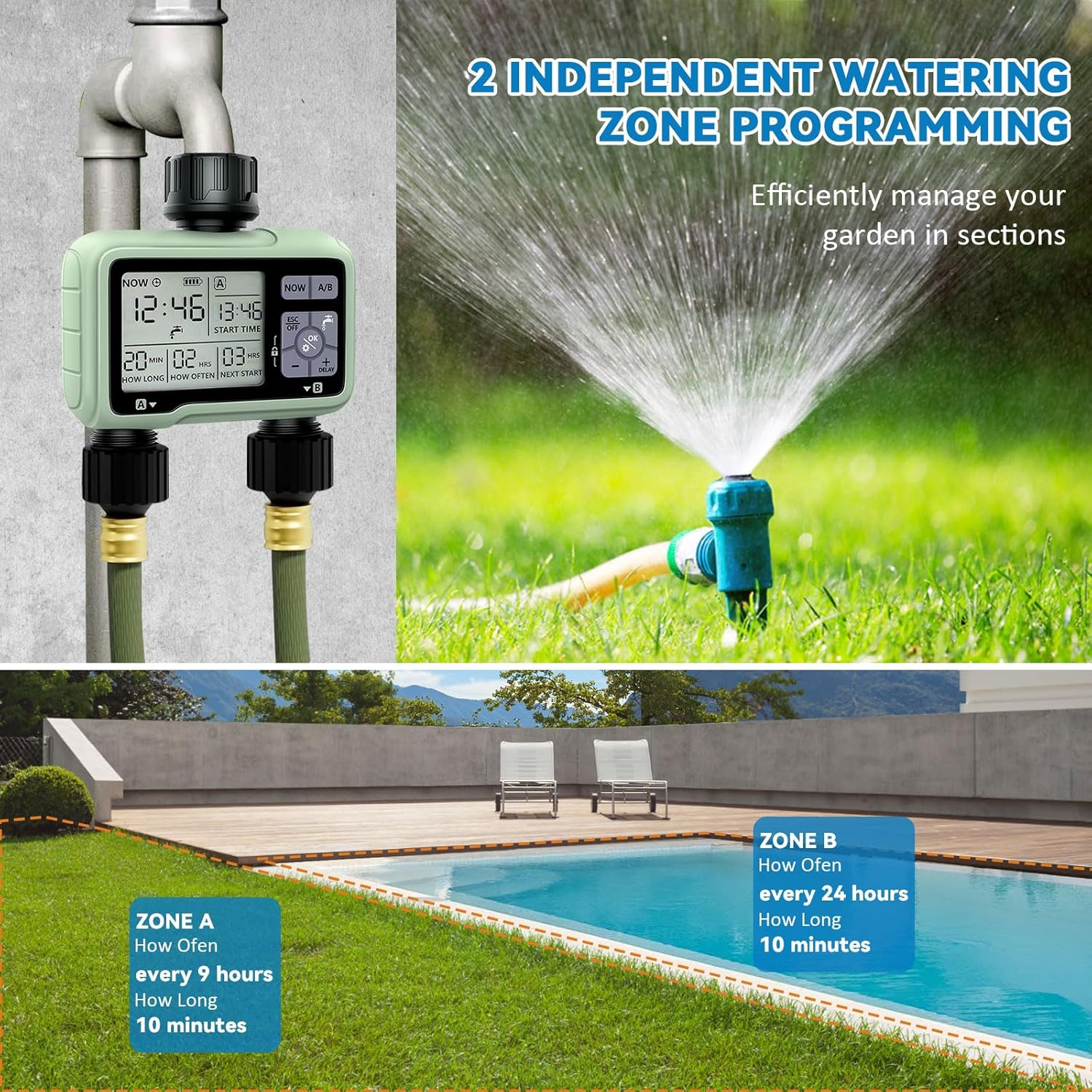 Water Timer for Garden Hose Timers for Watering &ndash; Dual-Outlet Smart Sprinkler Timer, Automatic & Manual Watering Modes, Programmable Digital Irrigation Controller for Lawns, Yards, and Greenhouses image number 6