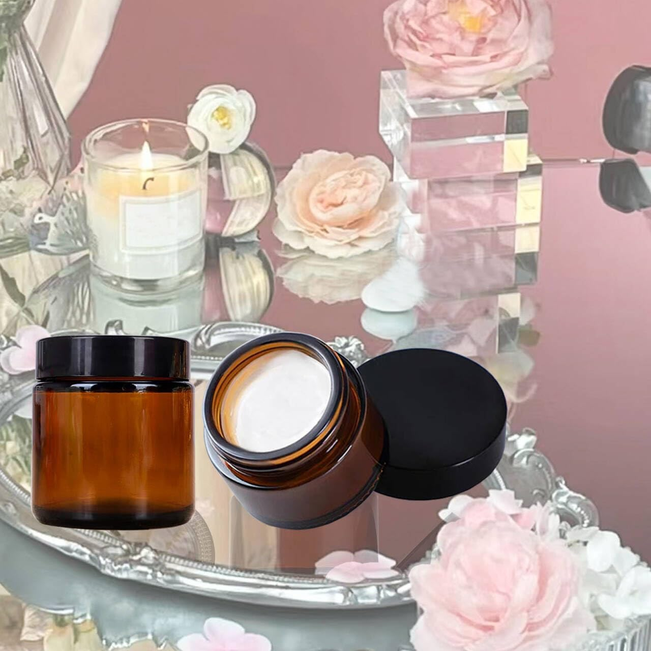 BEGIKET 4 Pack 2 Oz Amber Glass Jars with Lids，60Ml Empty round Glass Jar with Inner Liners and Black Lids,Cosmetic Containers for Storing Cream,Ointments,Lotion (Amber - Black Lid) - Clear - Black Lid image number 3