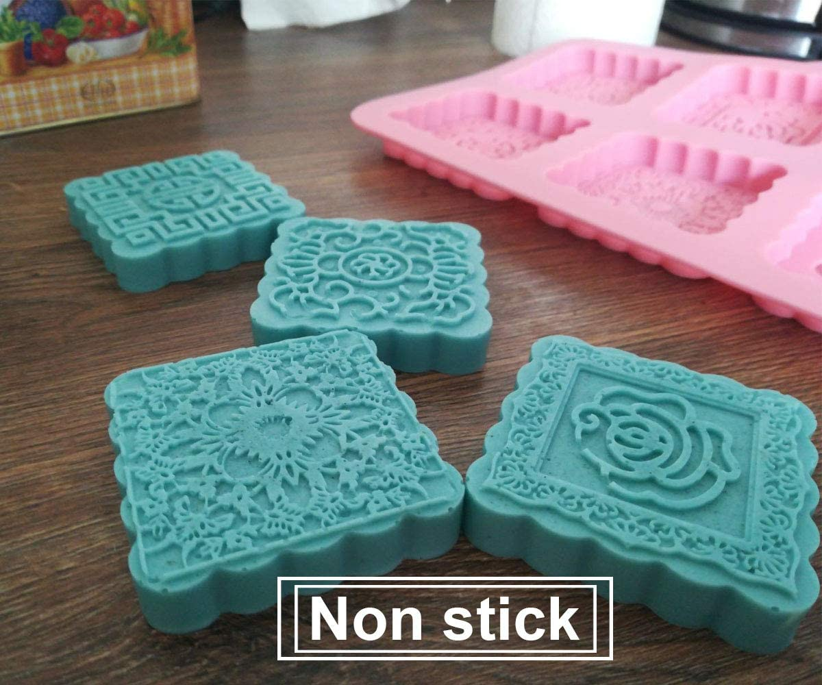 Soap Mold Silicone for Soap Making 2 Pcs, 6 Cavity Cupcake Mold round and Square Mooncake Pattern for DIY Handmade Craft (Pink) image number 6