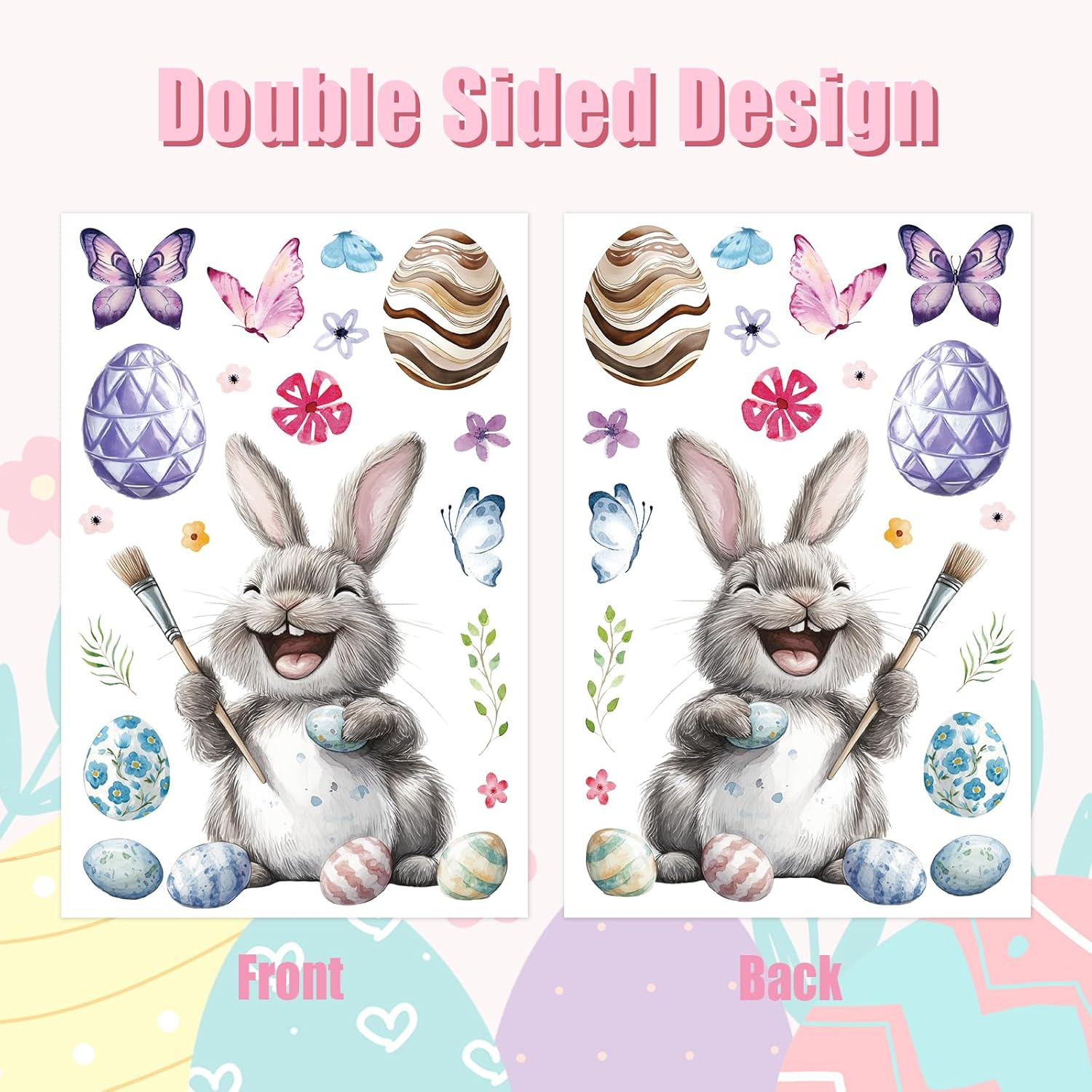 Hianjoo 118 PCS Easter Window Cling, 9 Sheets Easterday Bunny Window Stickers PVC Static Painting Style Sticker with Cute Rabbit Eggs Carrot Car Happy Easter, Flower Butterfly for Festival Decoration image number 6