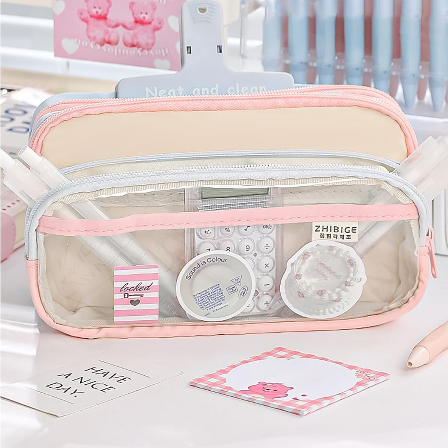 Pencil Case Large Capacity Aesthetic Pencil Case with 4 Compartments Zip Smoothy Pencil Case for Middle School College Office Student Girls Gift, Blue and Pink, Pencil Case