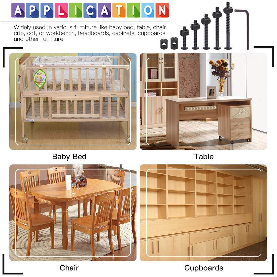 Glarks 120Pcs M6X40/50/60/70/80Mm Black Hex Socket Cap Bolt Screws and Barrel Nut Assortment Kit with a Allen Wrench for Crib Baby Bed Cots Furniture image number 5
