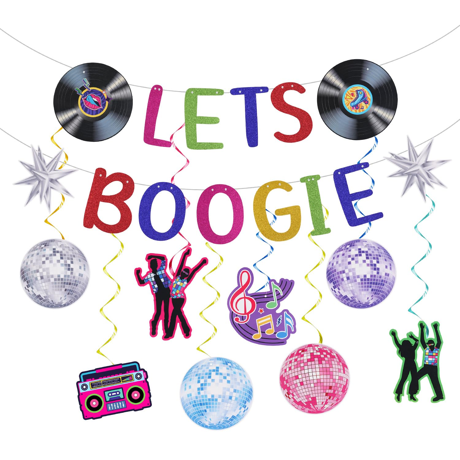 70S Theme Party Decorations, 2 Banner and 8 Hanging Swirls Lets Boogie Banner Disco Themed Party Decorations for 60S/70S/80S/90S Disco Birthday Party image number 2