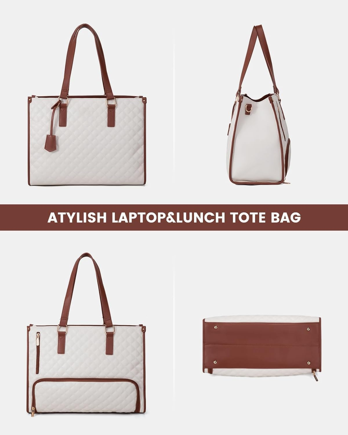 APEXORIGIN Lunch Tote Bag for Women, 15.6 Inch Laptop Bag with Insulated Lunch Compartment, Quilted Large Capacity Computer Handbag with Purse for Business, Work, Nurse, Office, Collage, Casual - White image number 4