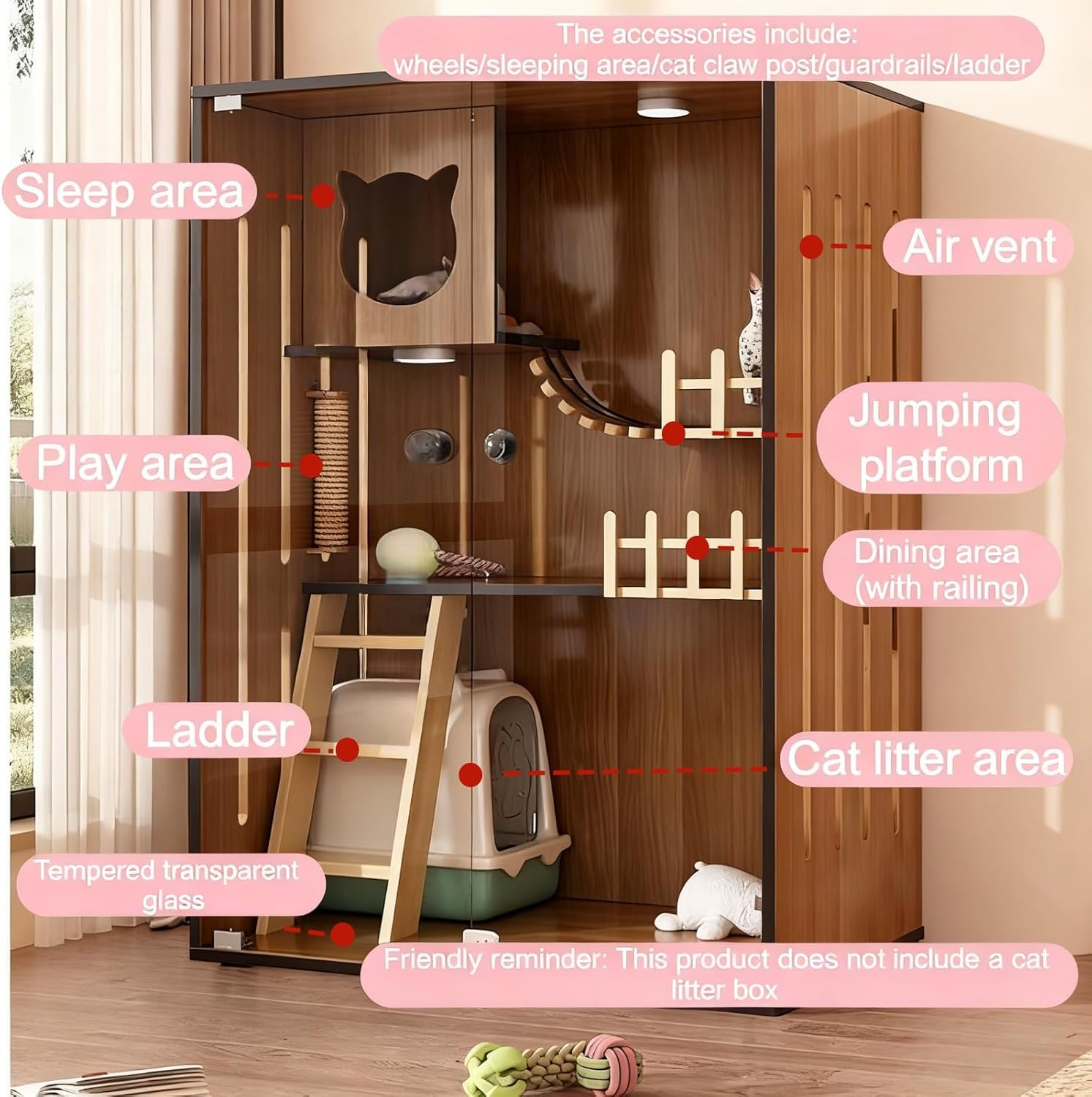 XXYSPT Wooden Cat Cage Indoor Cat House &ndash; 3-Level Condo for 1&ndash;3 Pets with Guardrail, Clear Door, Scratching Post & Ladder &ndash; Walnut Finish (90X60X120Cm) image number 2