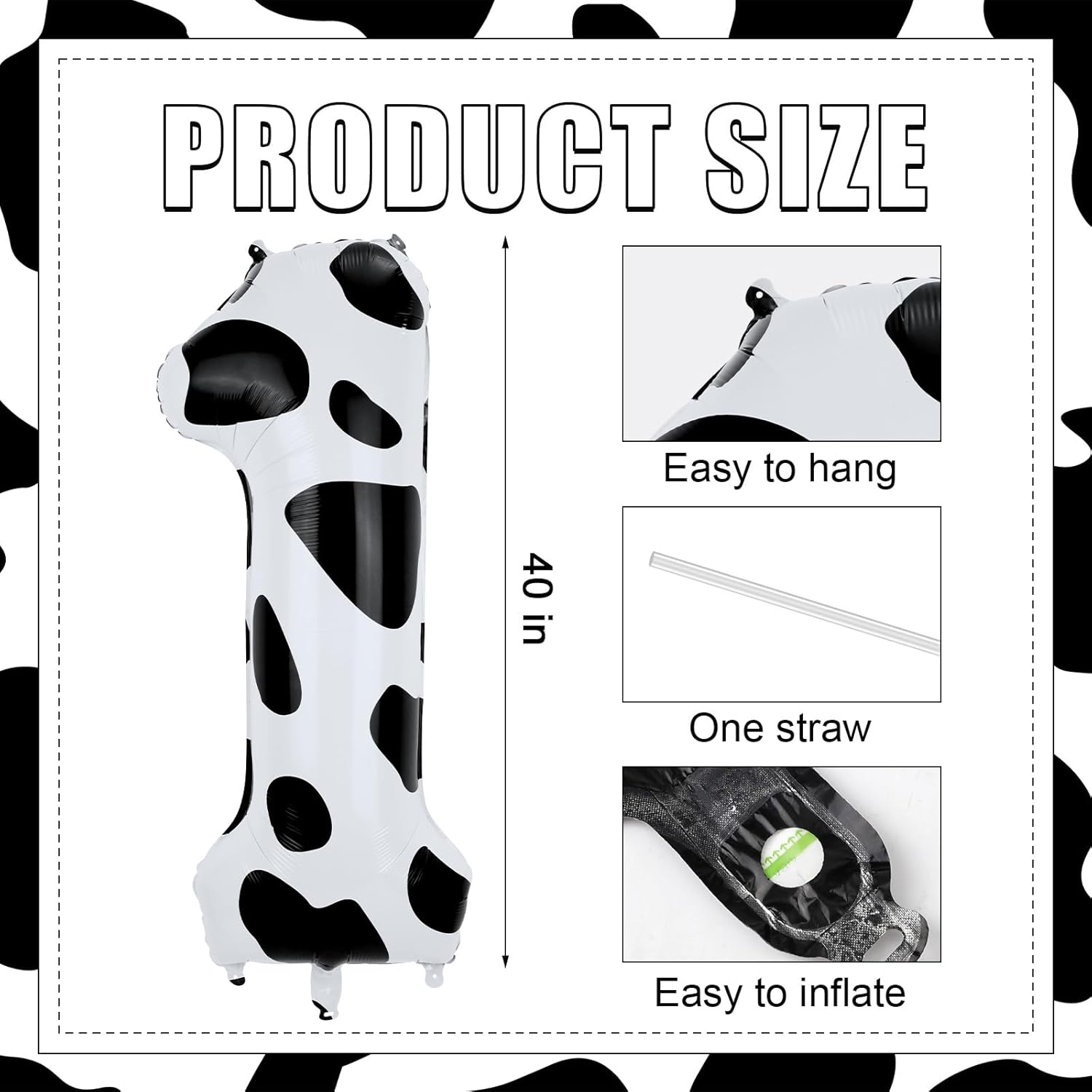 XIHIRCD Cow Print Balloon, 40In Large Cow Print Number Balloons Black and White Cow Print Birthday Celebration Balloons for Cow Print for Cowgirl Theme Party Decorations Supplies(Number 1) image number 5