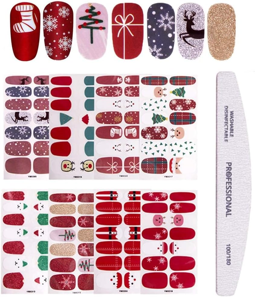 Kalolary 8Sheets Christmas Full Wraps Self-Adhesive Nail Polish Stickers with 1Pcs Nail File, Christmas DIY Nail Art Stencil Christmas Tree Snowflake Elk Nail Wraps Decal Strips Manicure Kit