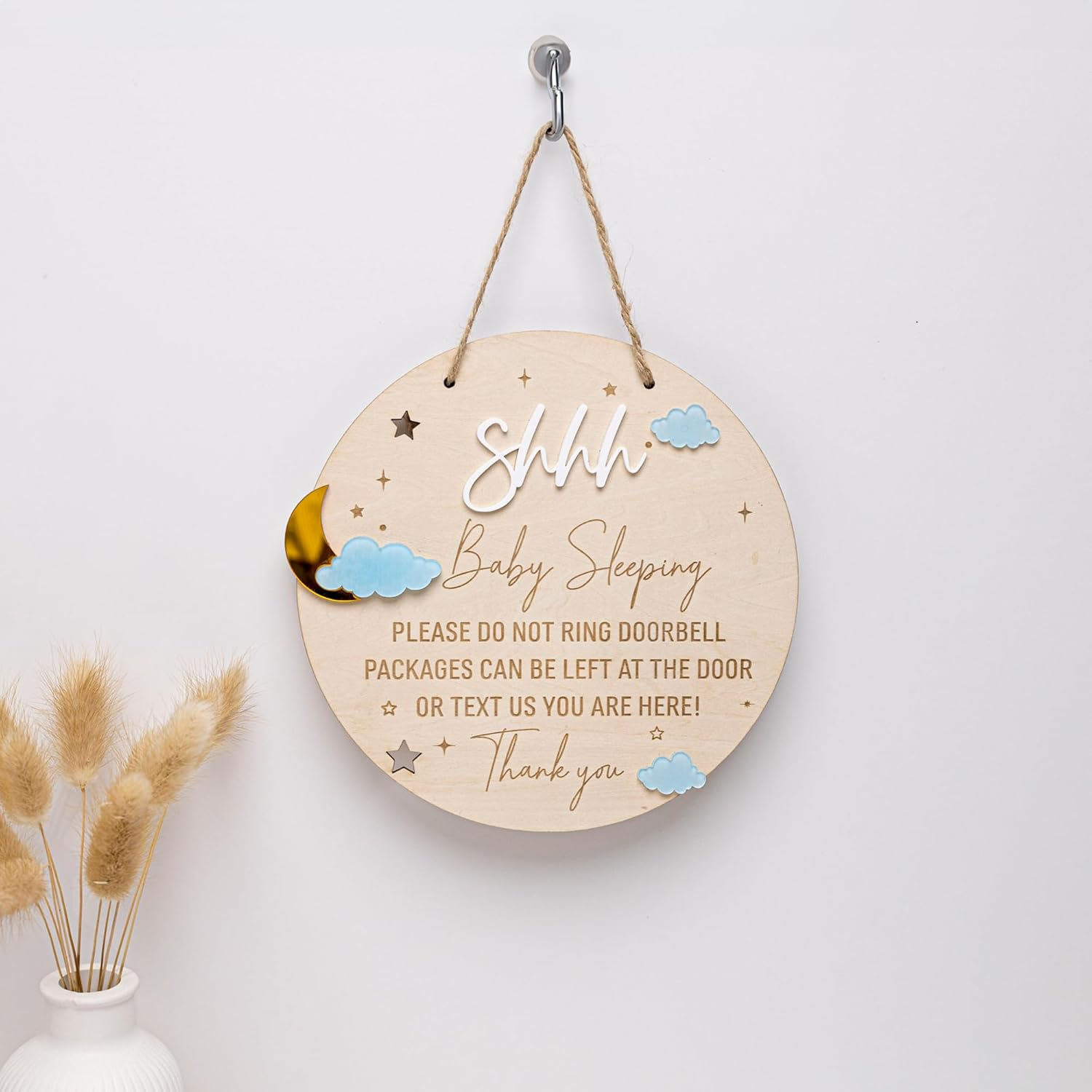 2Pcs Wooden Baby Sleeping Hanging Sign Plaque, Do Not Knock or Ring the Bell, round Wooden Door Hanger for Baby Room, Nursery, Front Door, Door Knob Decor (Moon) image number 5