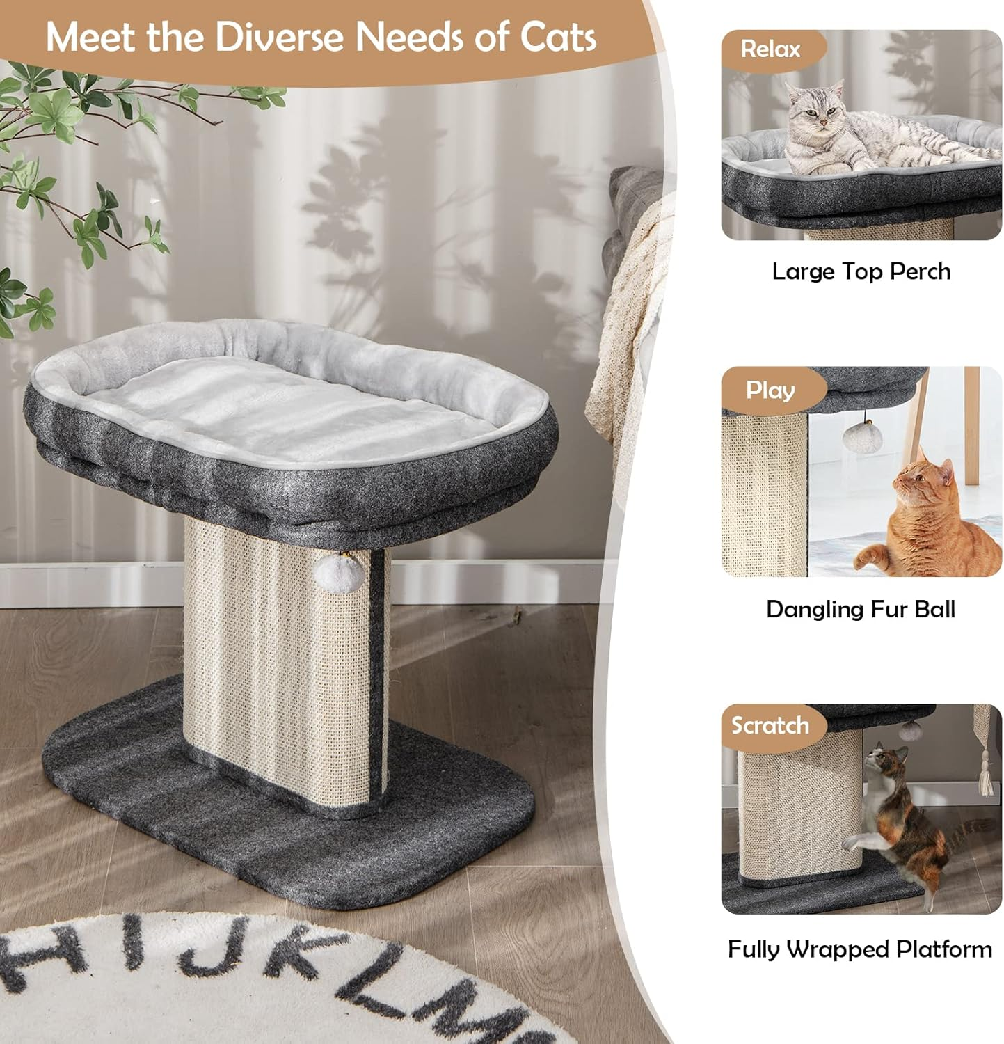 Costway Modern Cat Tree Tower for Kittens, Cat Activity Tower W/Large Plush Perch & Sisal Scratching Plate, Interactive Ball, Cat Home Furniture for Indoor Cats to Play Rest - Beige image number 7