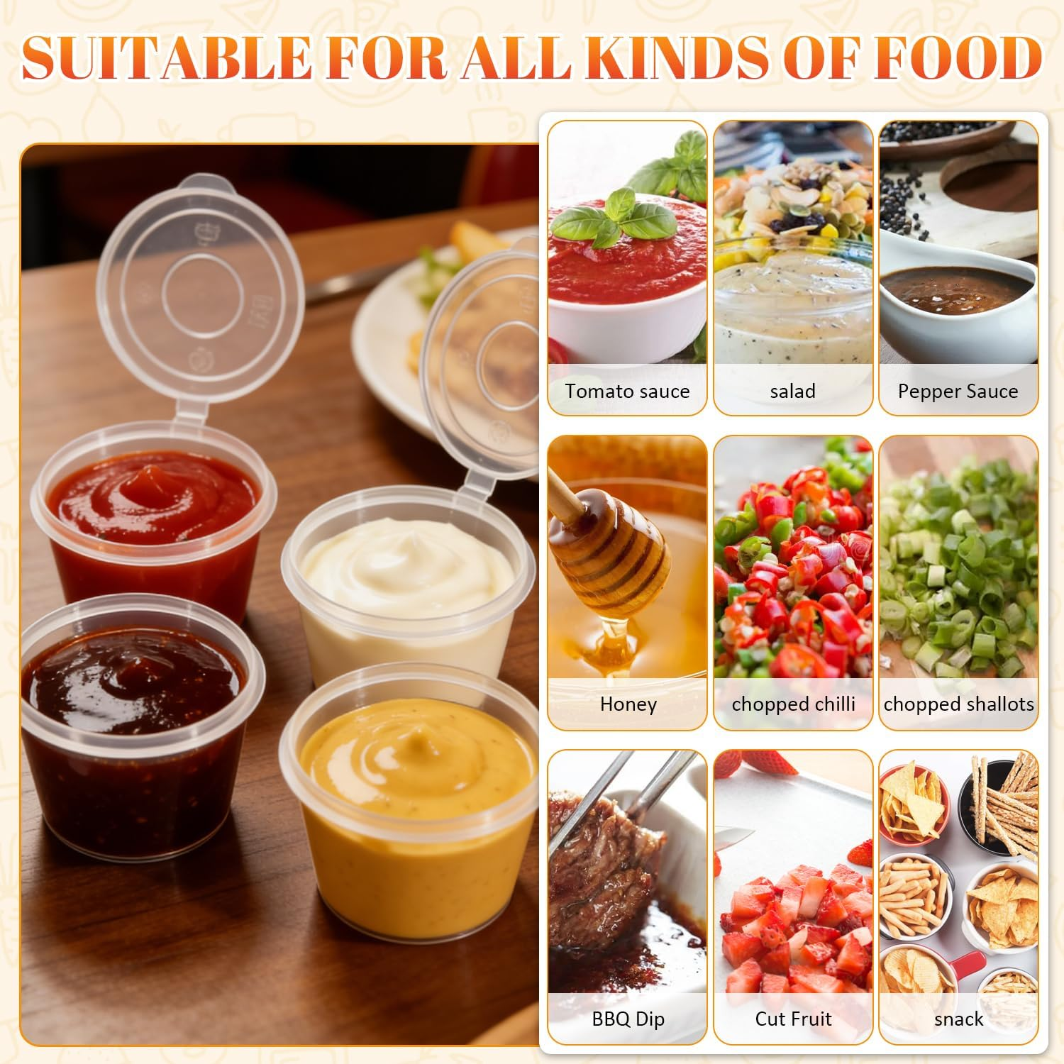 100 Pack round Food Container Pots with Lids, Plastic Cups with Lids Reusable Shot Condiment Cup,Dipping Sauce & Salad Dressing、Clear Small Deli Pot Restaurants Takeaways Sauce Container (Transparent)