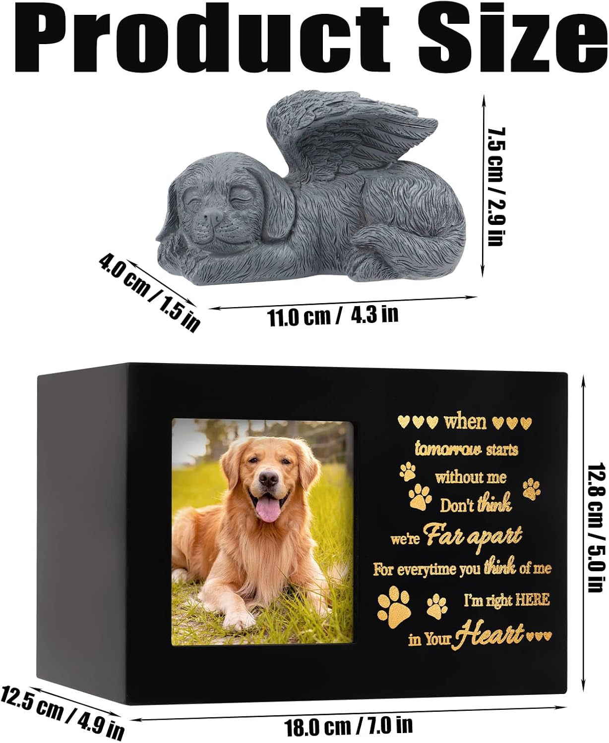 LPREUTWN Pet Urns for Ashes, Large Wooden Pet Urns for Dog or Cat Ashes with Dog Angel, Memorial Keepsake Memory Box with Photo Frame, Loss Pet Sympathy Remembrance Gift (Black) image number 1