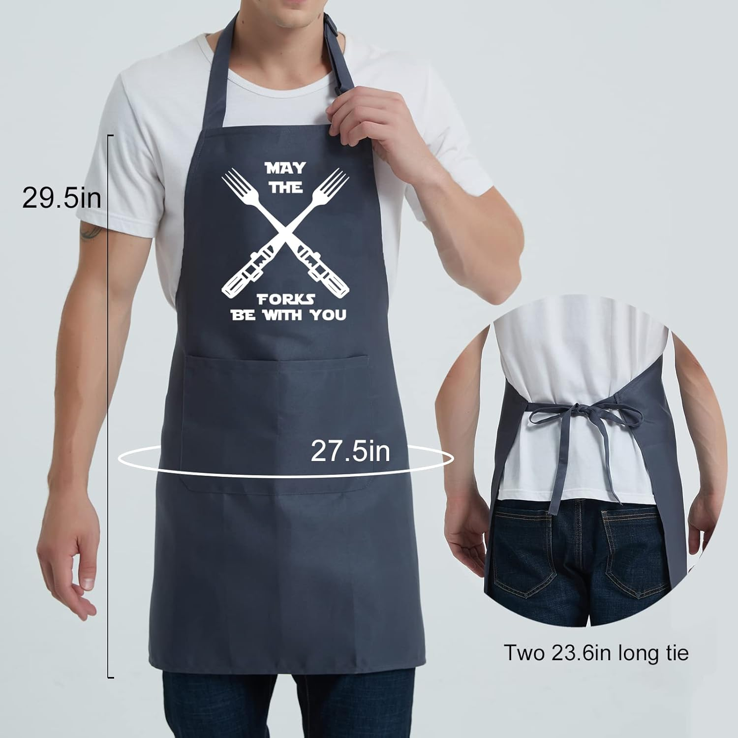 Cooking Aprons for Men Women, Kitchen Chef Apron, BBQ Grilling Gifts for Husband Dad - May The Forks Gray image number 4