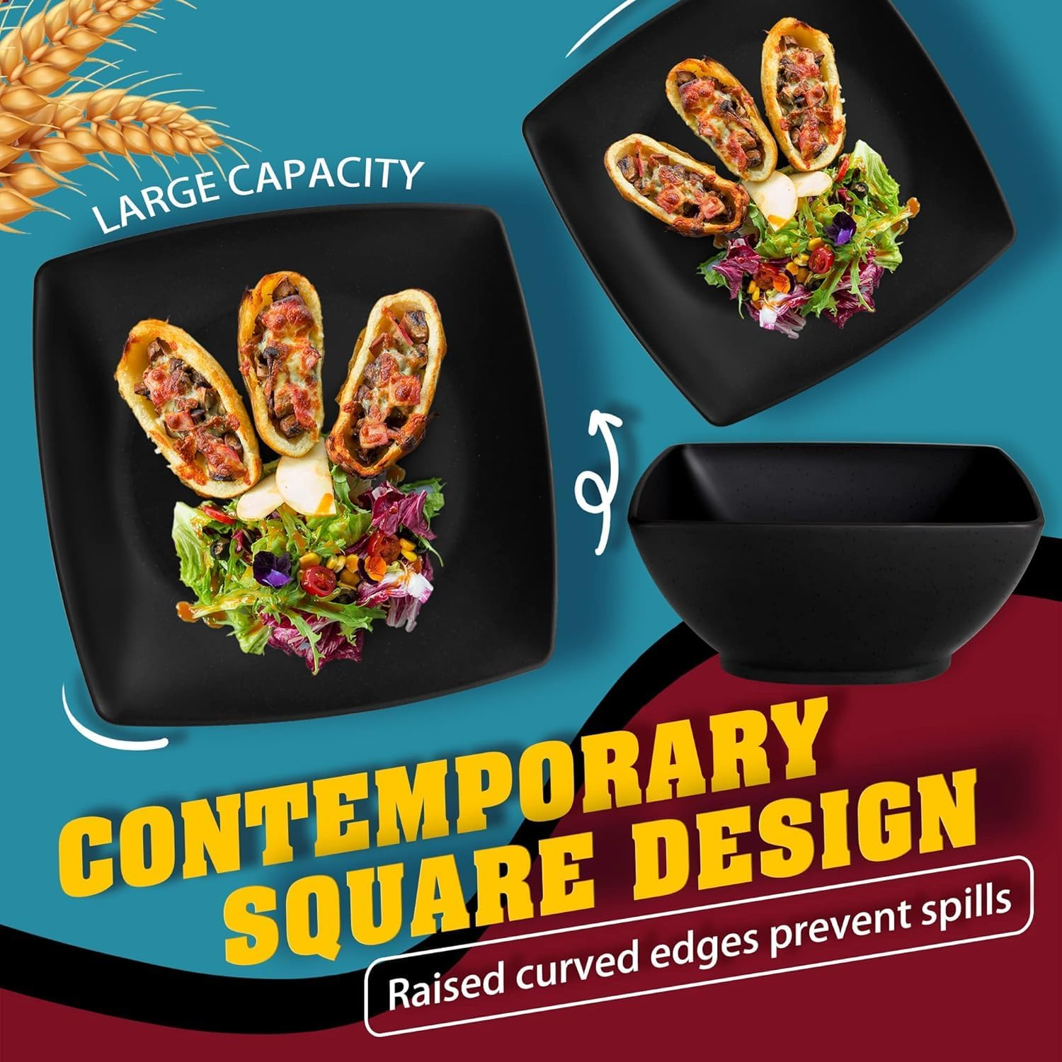 HOMIEST 32-Piece Plastic Wheat Straw Square Dinnerware Set for 8, Unbreakable Dinner Plates, Salad Plates, Snack Bowls, Tumblers 20 Oz, Dishwasher Safe, Black Matte image number 2