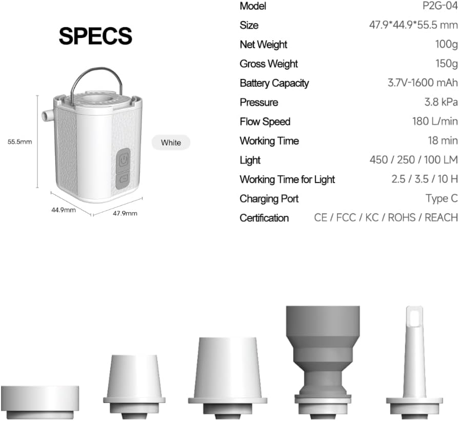 Neovanex Portable Air Pump with Camping Light, Ultra-Mini, USB Rechargeable, for Inflatables, Air Mattresses, Pool Floats, Sleeping Pads, Swimming Rings, Storage Bags - Black image number 2