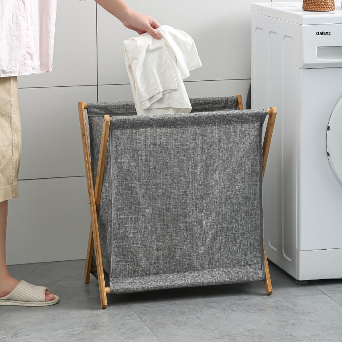 AIMALL Foldable Laundry Basket with Solid Wood Frame, Breathable Fabric, Large Capacity for Bathroom and Bedroom, Detachable Design, 3 Sizes image number 6