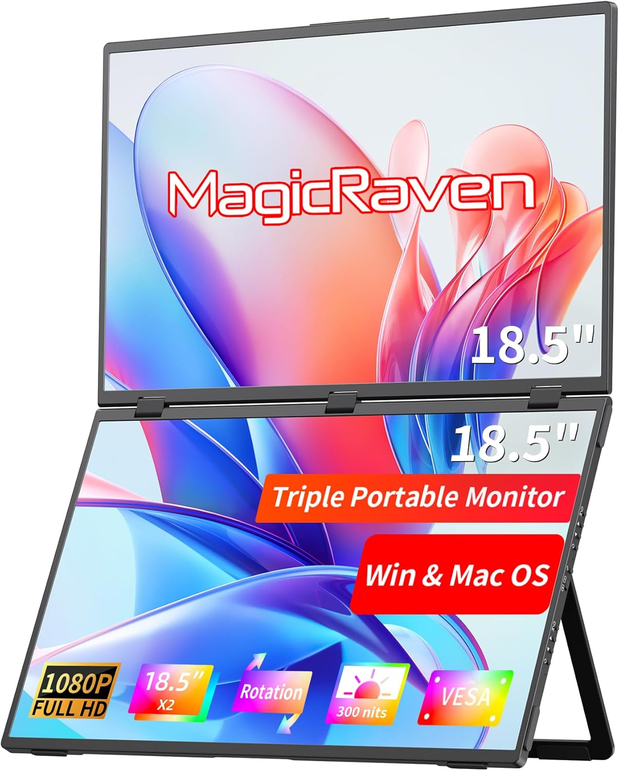 MAGICRAVEN Laptop Screen Extender, 18.5" Dual Monitors Stacked Folding Triple Monitor (Wins/Mac) 1080P 100Hz USB C Travel Extended Computer Display Triple Portable Monitor for Laptop PC Windows Mac image number 5