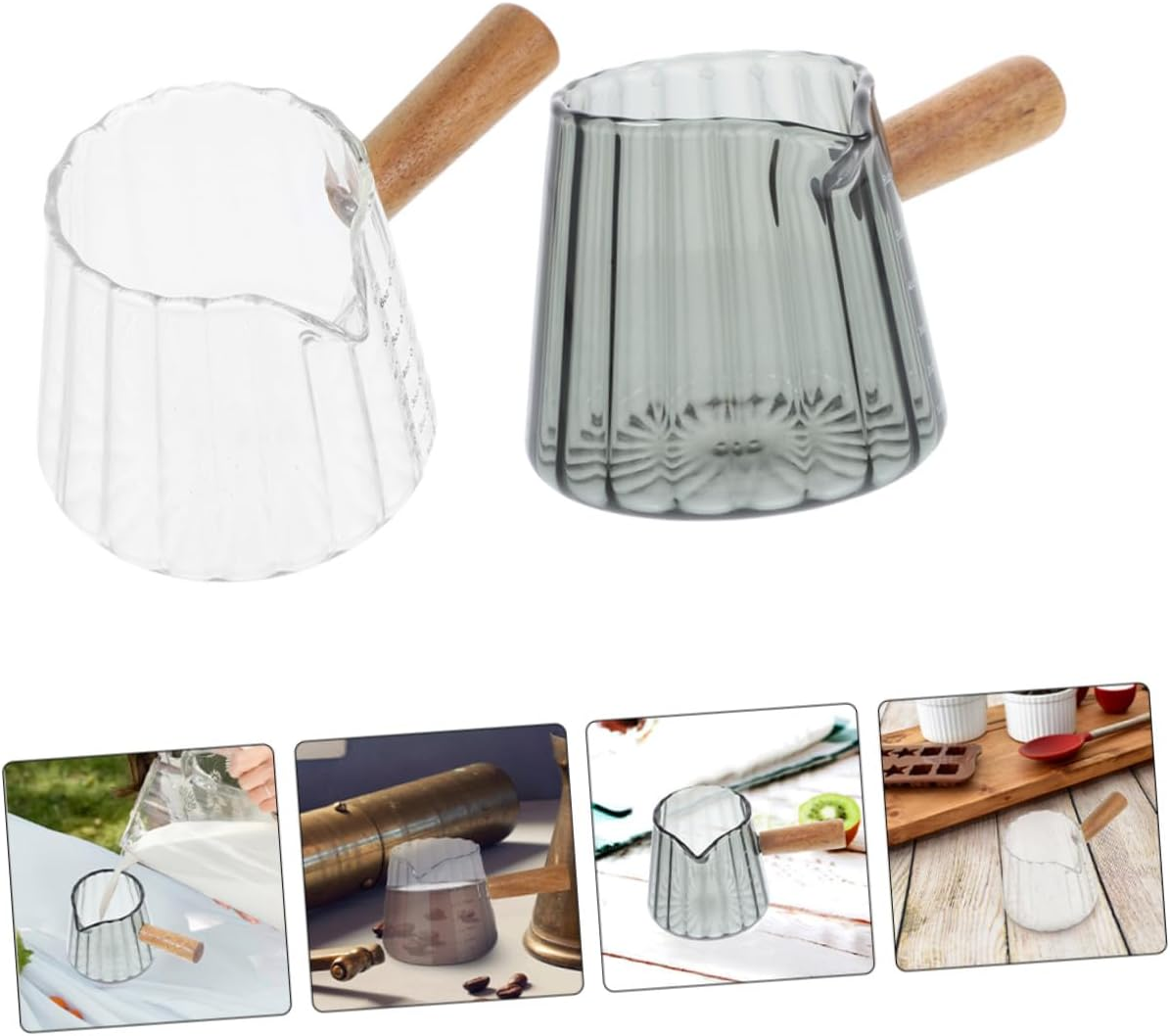 Iplusmile 2Pcs Clear Glass Milk Measuring Cups with Wooden Handles Small Frothing Pitchers for Espresso and Multipurpose Mini Milk Jugs for Coffee Lovers at Home Office image number 5