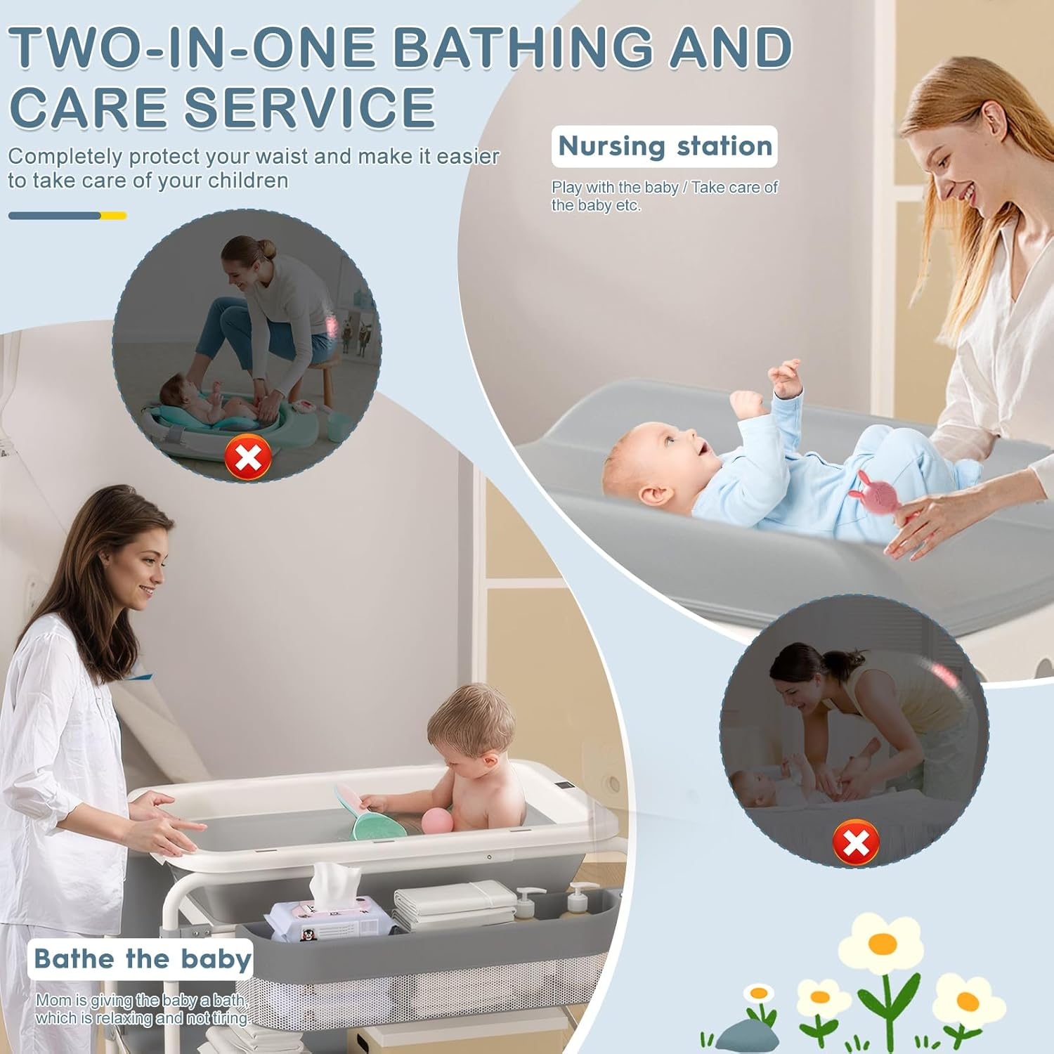 Portable Baby Changing Table 2-In-1 Baby Change Station with Tub Foldable Baby Bath Stand Diaper Change Table for Newborn Infant Mobile Nursery Organizer (Foldable) image number 1