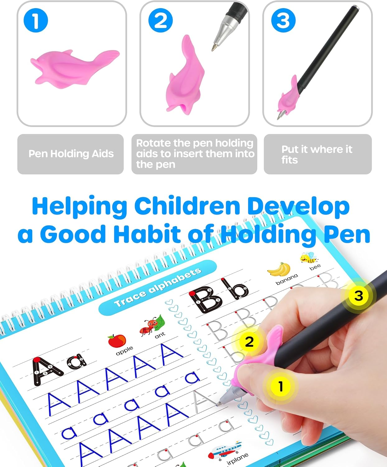 D-Fantix 4 in 1 Large Magic Groove Practice Copybook, Reusable Grooved Handwriting Workbooks, Number Alphabet Tracing Books for Kids Ages 3-8, Handwriting Practice for Kids Kindergarten Preschool