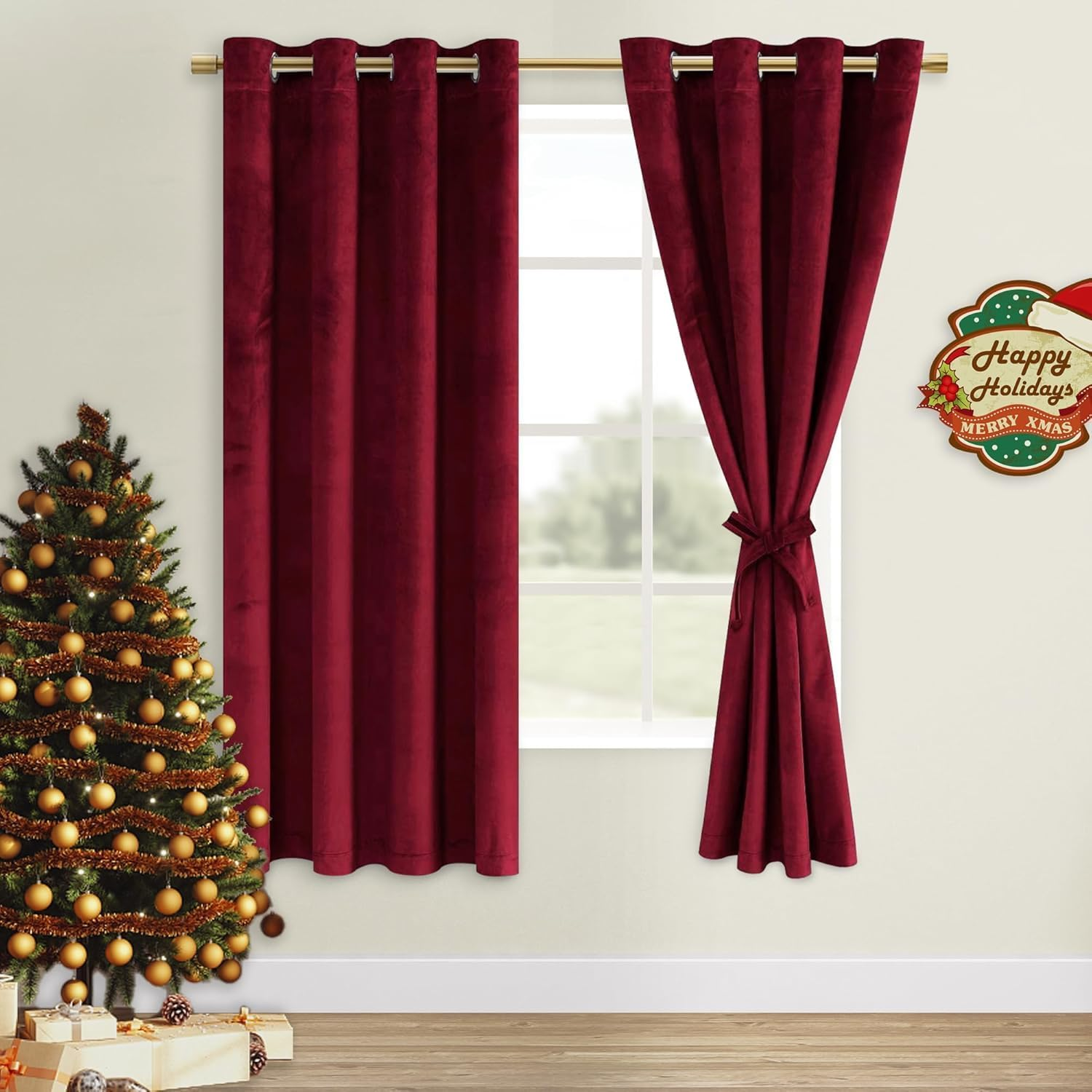 DWCN Velvet Curtains Elegant Grommet Curtain Sewn with Tiebacks - Thermal Insulated Room Darkening Curtains & Drapes for Living Room Bedroom Decor, Each W132 Cm X D214Cm, Set of 2, Light Sage