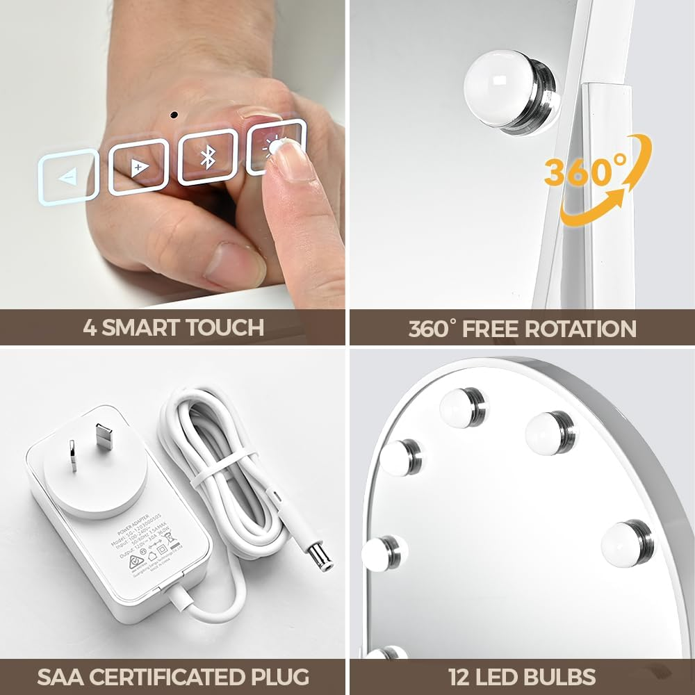 Simplus Vanity Makeup Mirror with Lights Hollywood LED Mirrors Stand, Bluetooth Speaker USB Power Charging and Smart Touch Control Screen, 12 Dimmable LED Lights Stable Base White, 65X45Cm