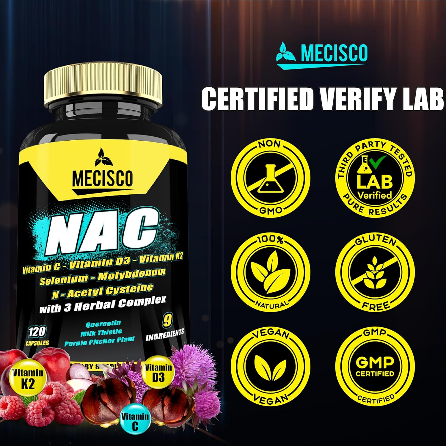 9In1 NAC (Nac N-Acetyl L-Cysteine) Supplement 14050Mg - 120 Capsules - Quercetin, Milk Thistle, Purple Pitcher Plant & More - Support Immune System, Body Management & Brain Health - 2-Month Supply image number 2