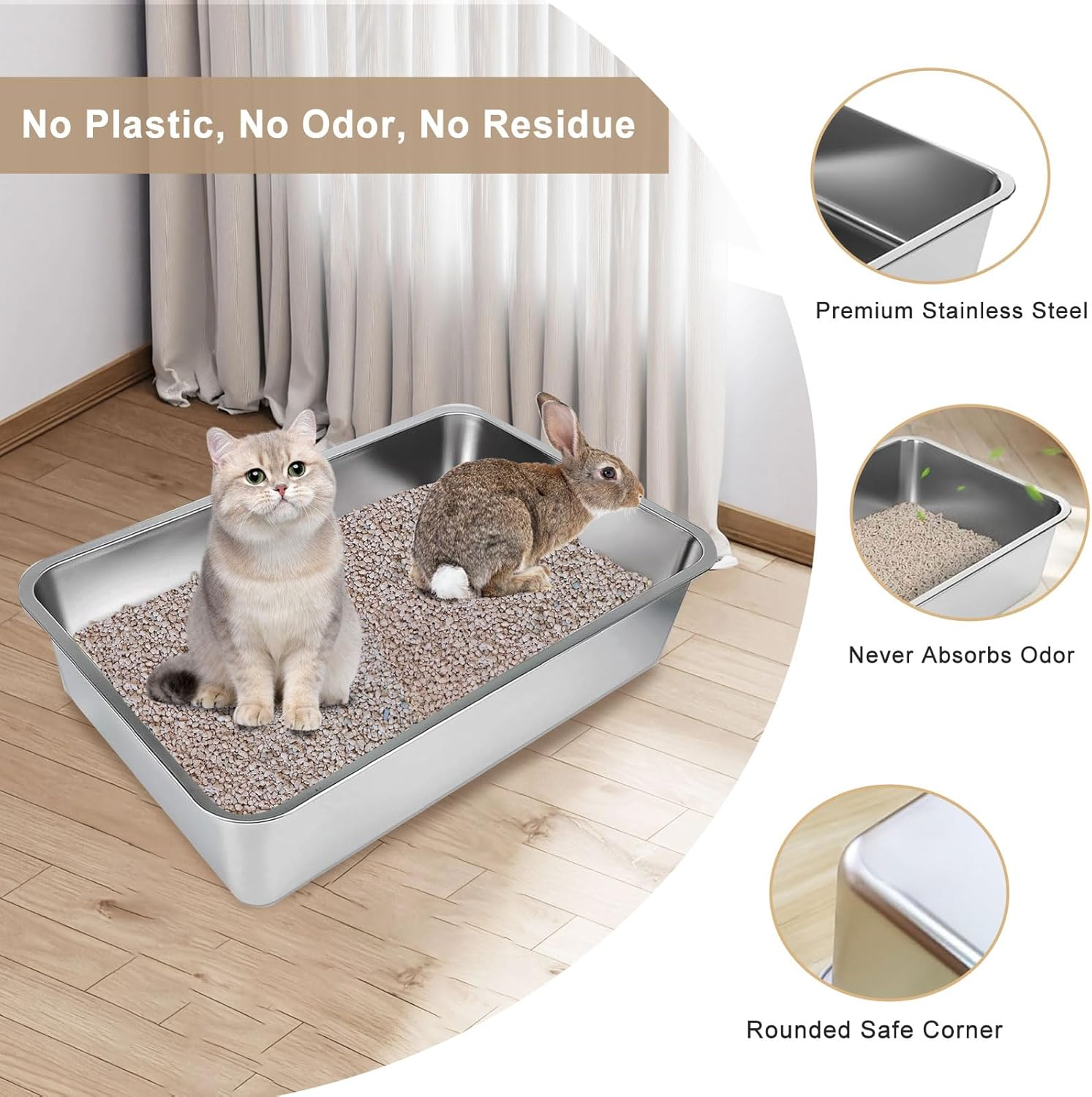 Stainless Steel Litter Box Large - 60X40 Metal Cat Litter Tray for Big or Multiple Cats, Non-Stick Kitty Litter Tray, Odor-Free Cat Litter Box, Easy to Clean & Rust Resistant (60X40X15 Cm) image number 3