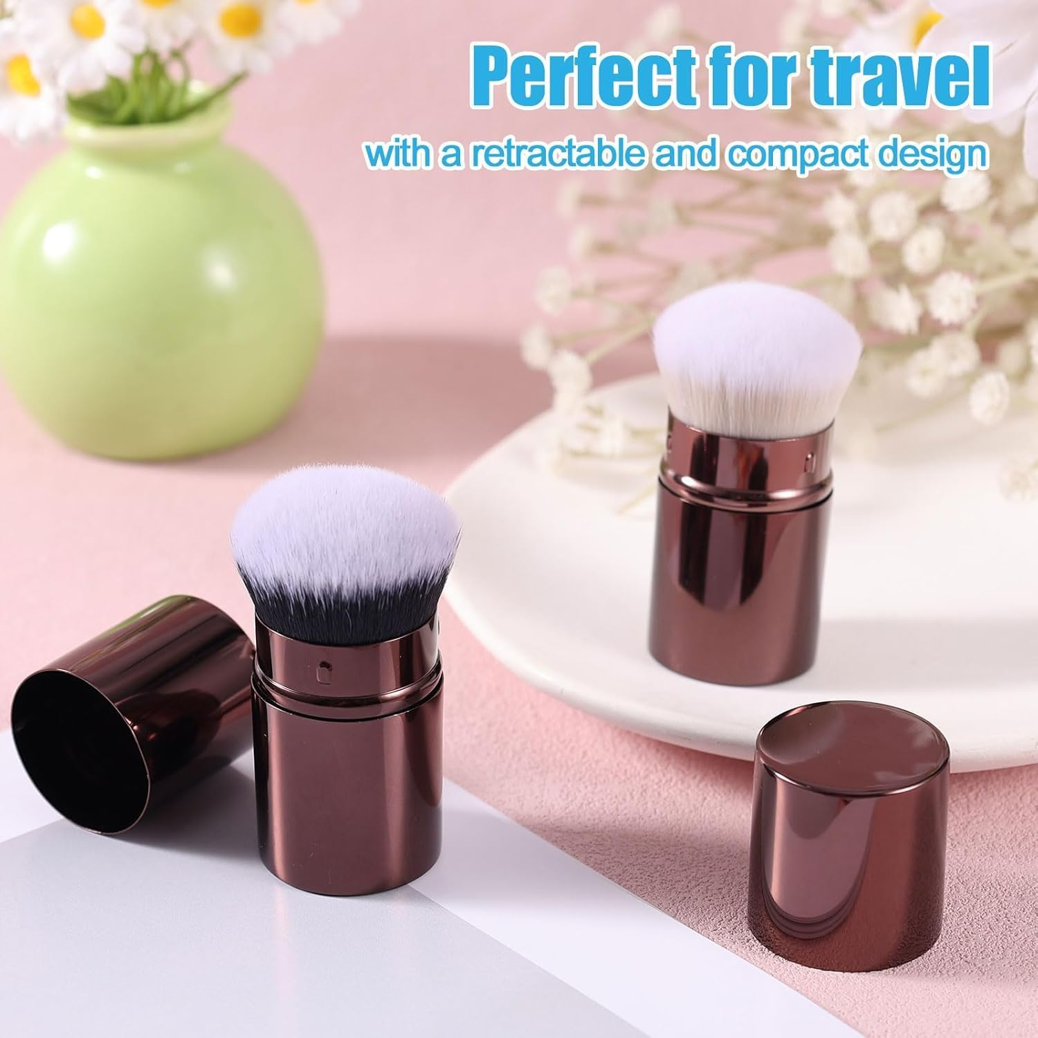 Retractable Kabuki Makeup Brush, 2Pcs Travel Kabuki Powder Makeup Brush, Retractable Cosmetics Power Brushes for Women or Girls image number 2