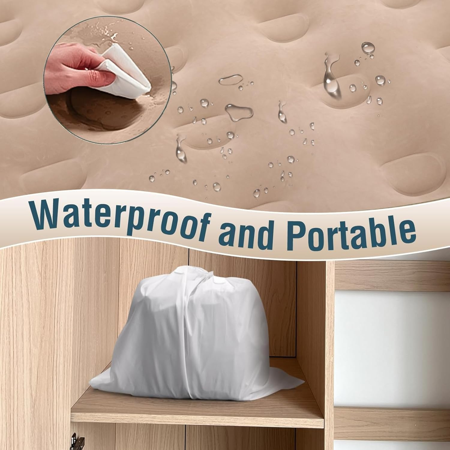 Queen Size Air Mattress with Built-In Rechargeable Pump, 3 Min Inflation, Waterproof Flocked Surface, 150X200X40Cm, 250KG Support &ndash; Portable Inflatable Bed for Home, Camping & Guests (Sandstone Beige) image number 4