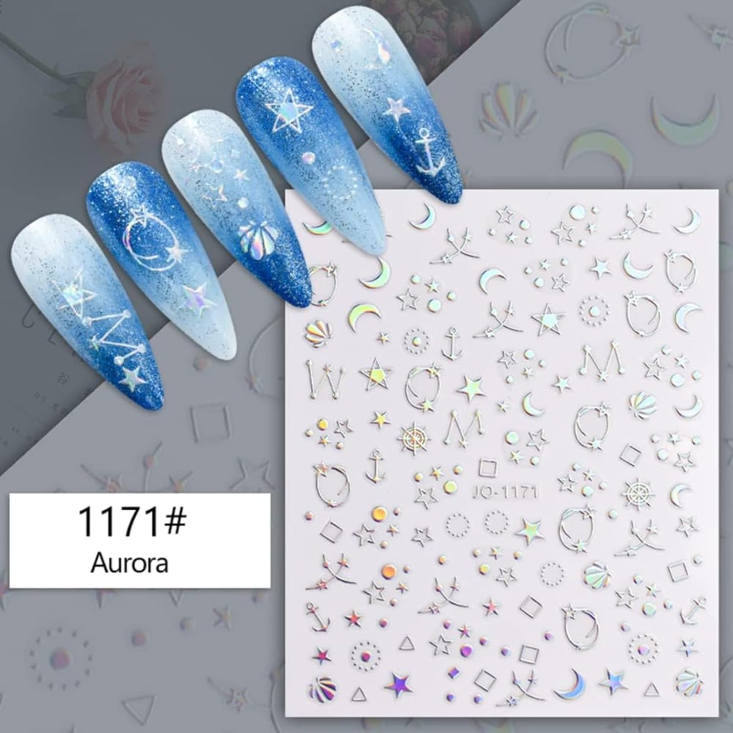 8 Sheets of Laser Nail Stickers 3D Holographic Laser Heart, Star, Moon, Flame, Flower, Butterfly Stickers Self-Adhesive Art Stickers DIY Design Decoration (8 Types) image number 1