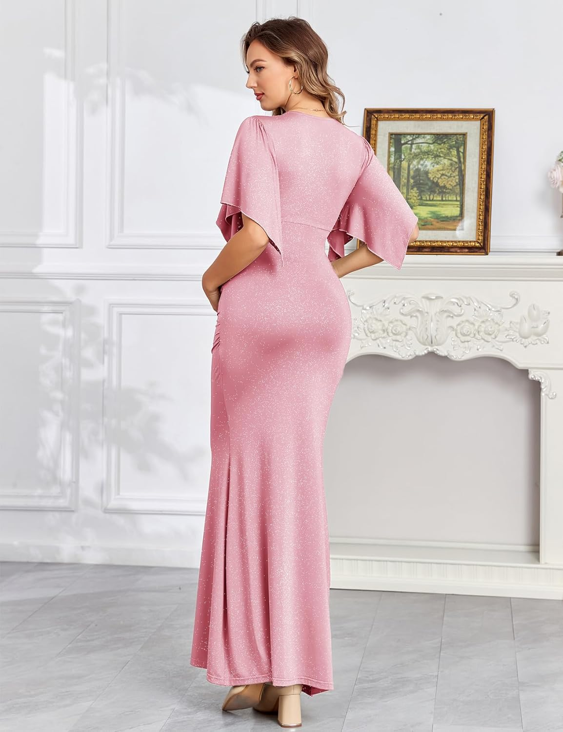 CYCLAMEN Maxi Maternity Dress Sparkly Baby Shower Semi Formal Wedding Guest V-Neck Handkerchief Sleeves Elegant Pregnancy image number 1