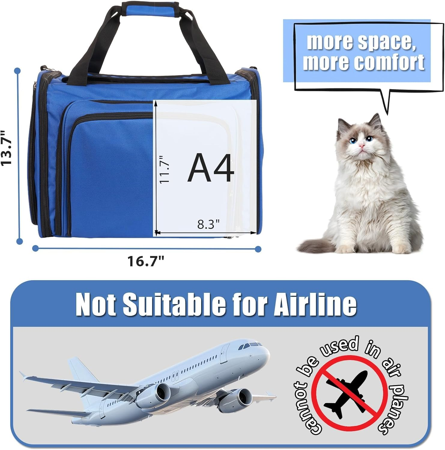 Cat Carrier with Litter Box, Expandable Cat Travel Carrier for Car with Bowl, Soft Sided Cat Carrier for Cats/Puppies up to 20 Lbs, Blue - Grey image number 5