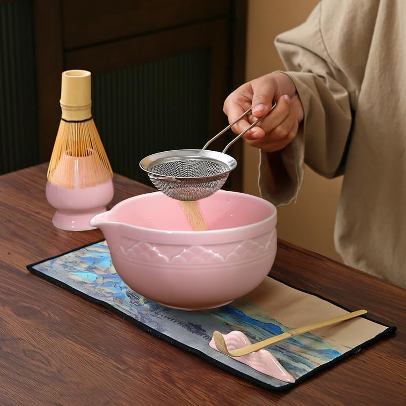 6 Pack Matcha Whisk Set, Japanese Tea Set Includes Matcha Bowl with Spout, Bamboo Matcha Whisk and Scoop, Matcha Whisk Holder, Stainless Steel Sifter, Scoop Stand, Matcha Kit for Matcha Love (Pink) - Green image number 6