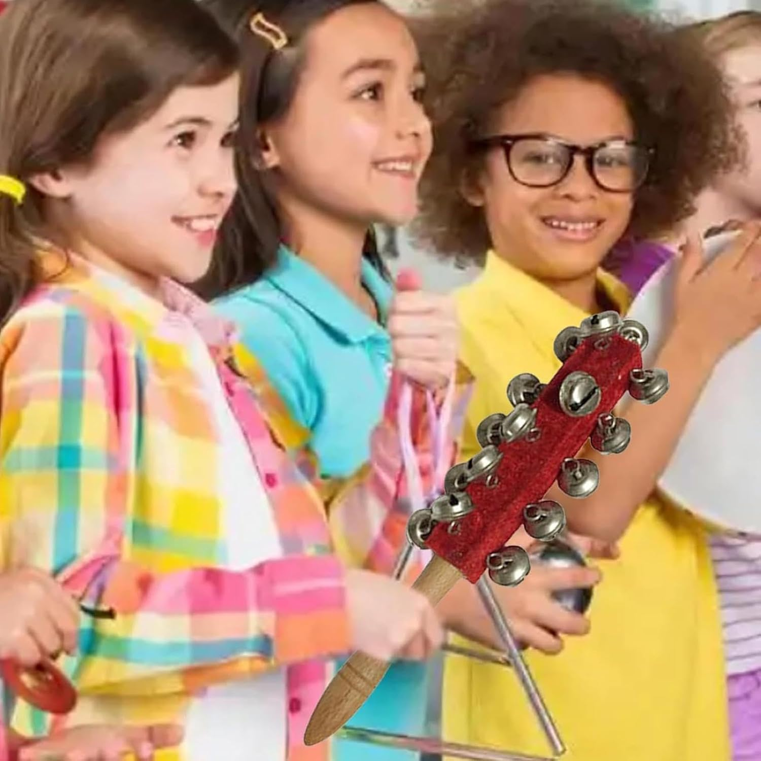 Hand Jingle Bells - Children Wooden Hand Instrument Jingle Bell - Wooden Handle Sleigh Bell Christmas Stick Jingle Shaker Rattles Percussion Musical Bell Instruments Red image number 3