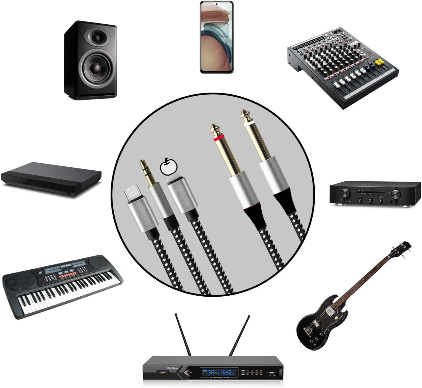 Meamaz 6.56FT Mfi Certified Lightening to Inch Audio Adapter Cable, within to USB C, 3.5Mm to TS Adapter, DAC Chip Include, 3-In-1 Stereo Cable for Headphone AMP (Lightening Compatible) image number 3