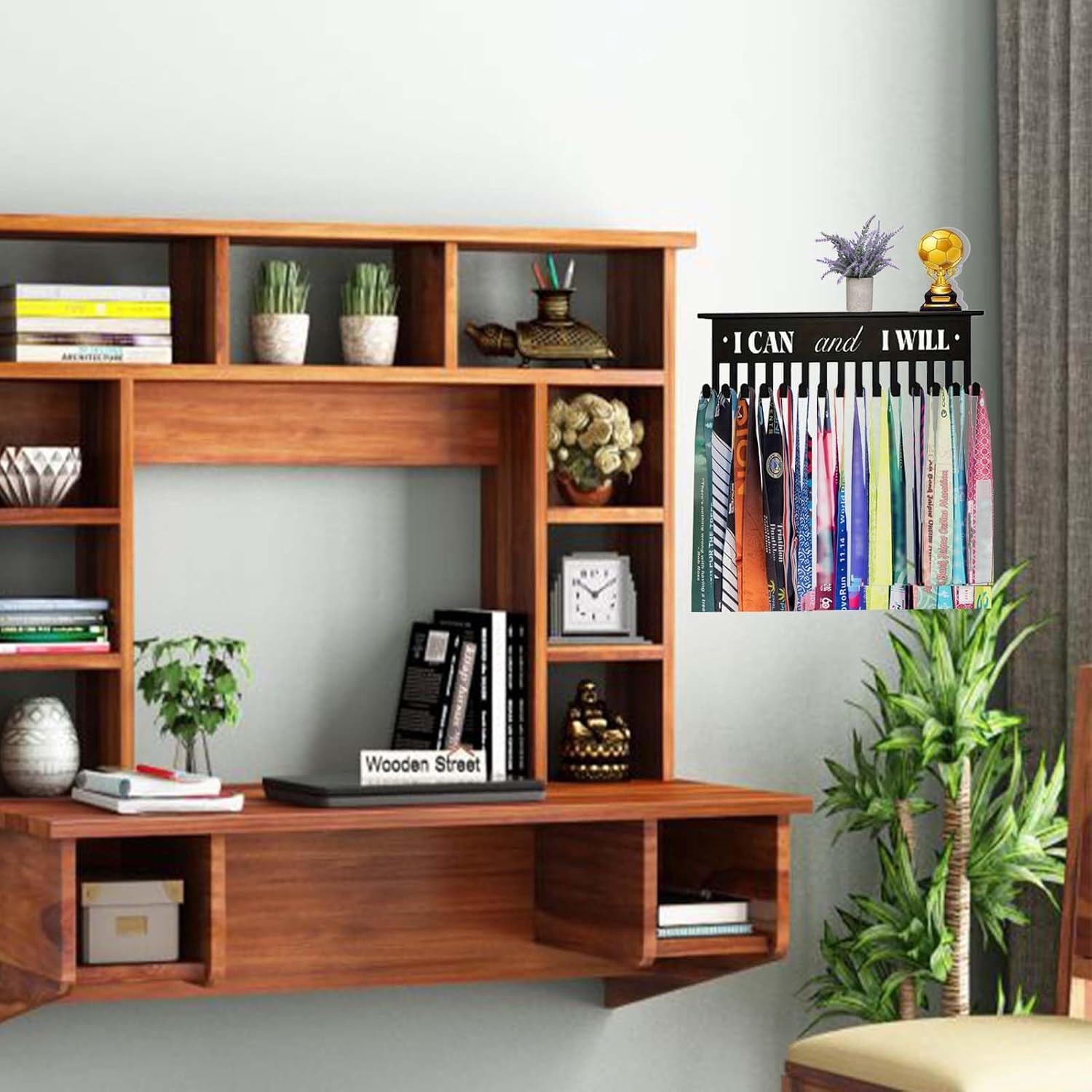 Medal Hanger Display,Metal Medal Holder with 15 Hook,Wall Mount Hanger Holder,Trophy Shelf for Karate Belt,Running,Marathon,Soccer,Taekwondo image number 4