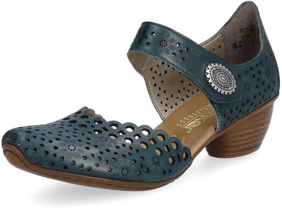 Rieker 43753 Mirjam Women'S Mary Jane Heels - Low-Heel Leather Shoes with Adjustable Ankle Strap & Laser-Cut Design - Comfortable Women&rsquo;S Heels for Casual & Dressy Wear