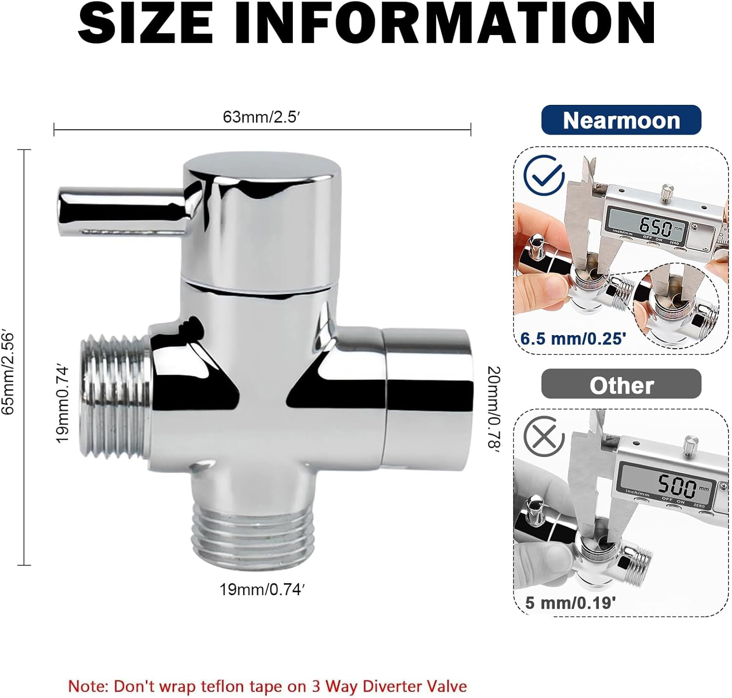 Nearmoon Solid Brass G1/2" Shower Arm All Metal Universal 3-Way Diverter Valve for Handheld and Fixed Head, Replacement Component Adapter (Chrome Finish) image number 4