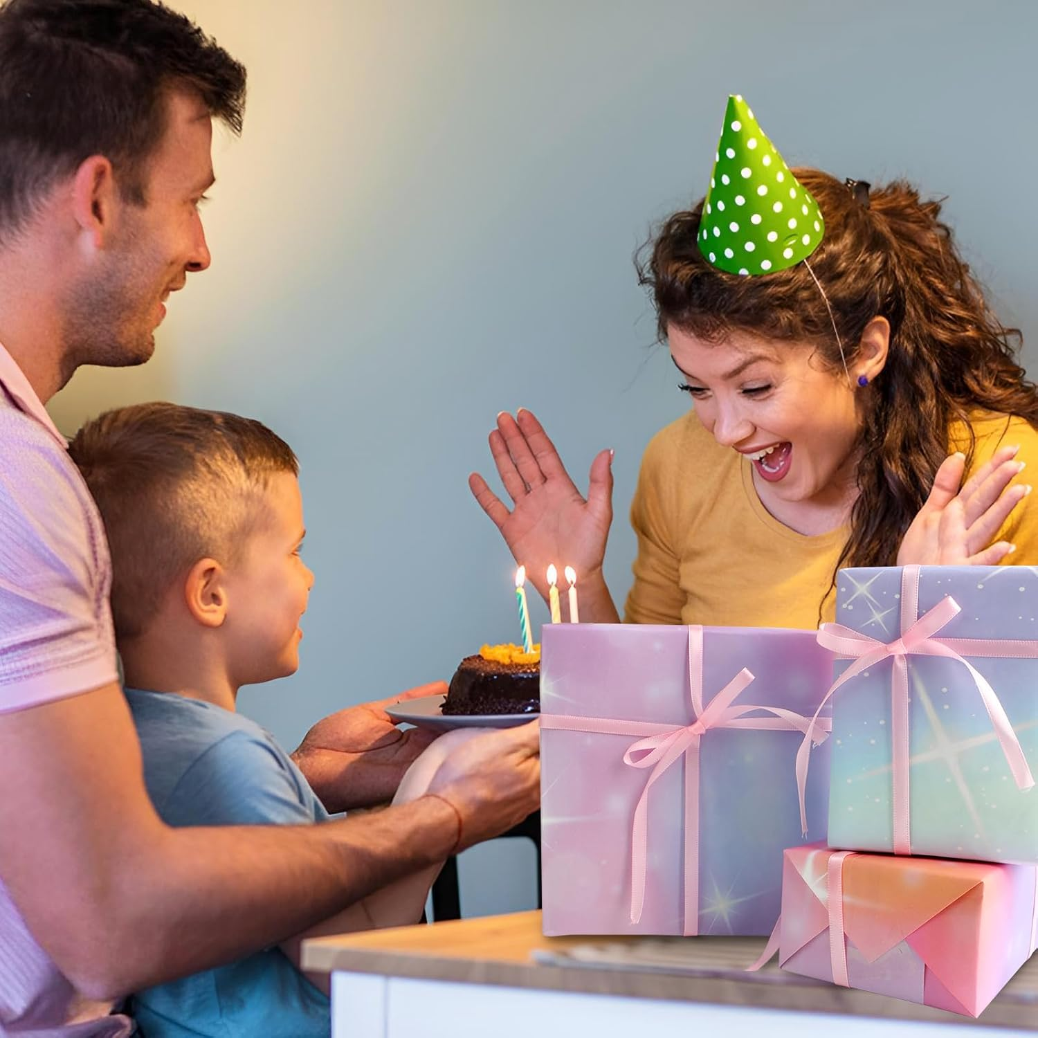 ZCOINS 4 Sheets Gift Wrapping Paper 70 X 50CM for Girls Women Birthday, Aurora Rainbow Purple Pink Gift Wrapping Paper with Ribbon for Mothers Day, Valentines Day, Wedding, Christmas - Cat image number 6