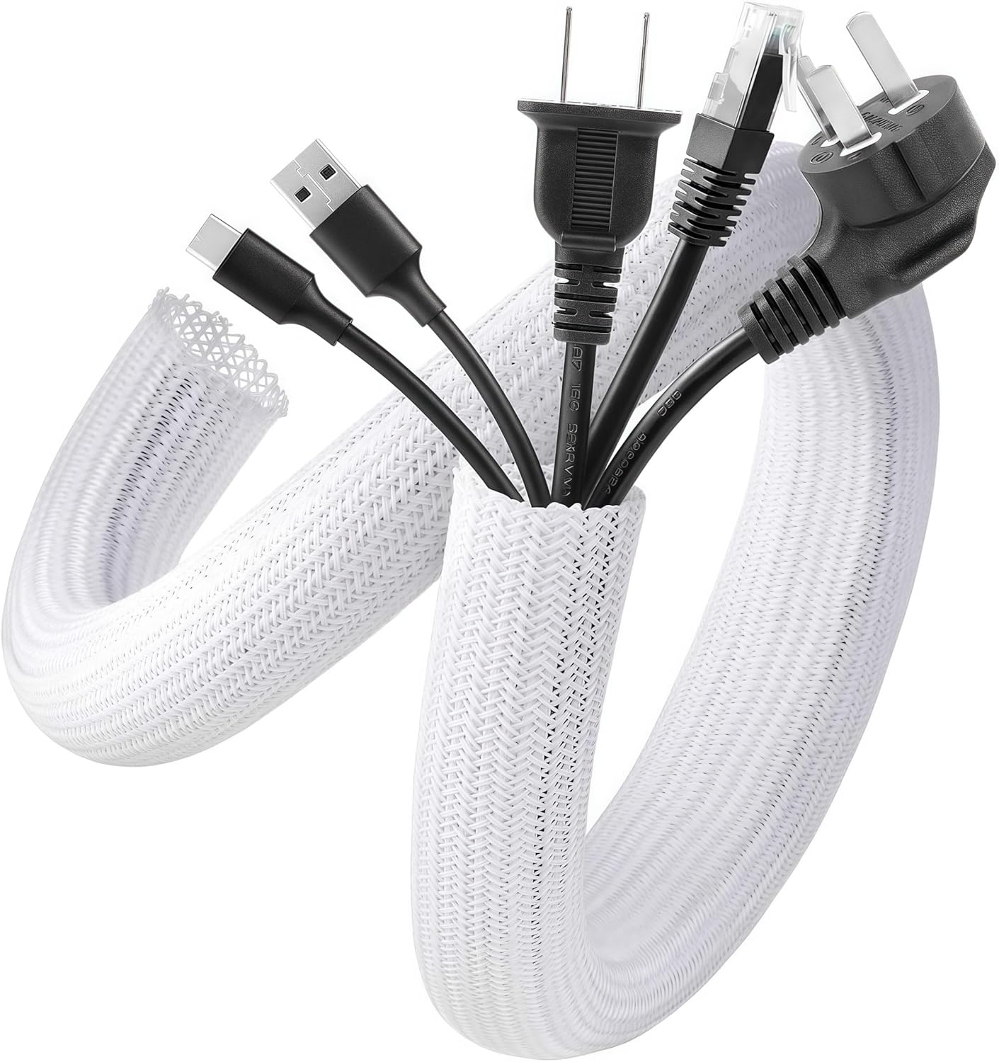 Fiabgum 20Ft - 1/2 Inch Cord Protector, Braided Cable Sleeve, Split Wire Loom Tubing, Cord Wrap Organizer for Computer，Protect Cat from Chewing-White image number 1