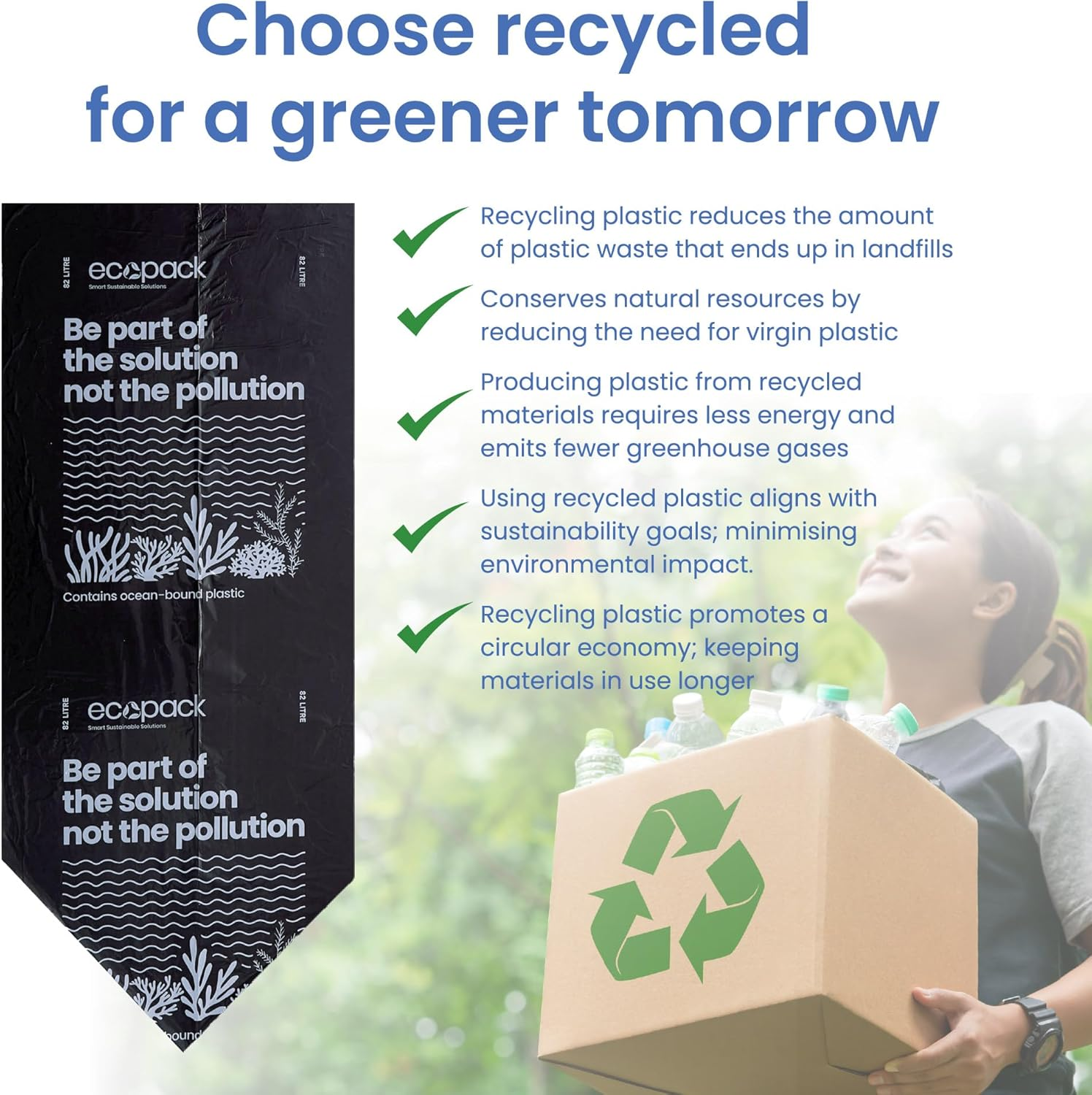 Ecopack Recycled 82L Bin Liners |250 Bags |Strong,Leak Proof Recycled Plastic Garbage Bags | All Purpose Rubbish Bags for Commercial Bins, Household & Cleaning |10 X Rolls of 25 Bin Bags image number 1