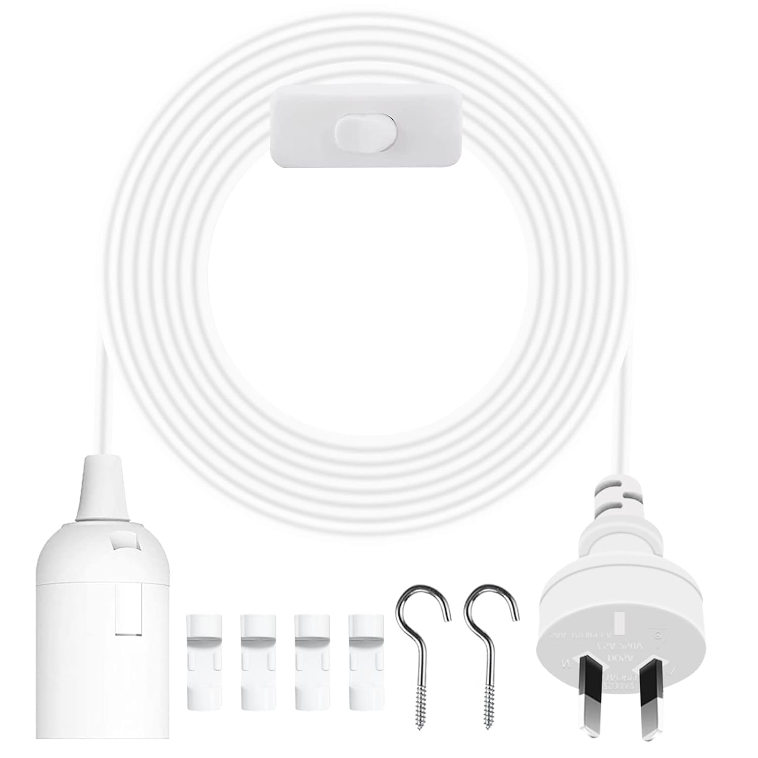 2Pcs E27 Cable Cord with On/Off Switch, E27 Lamp Base Holder Socket AC AU Power Plug, 1.8M White Extension Lights Lamp Bulb Cord for Bedroom Kitchen Plant Growth DIY Hanging Lanterns Pendant Light