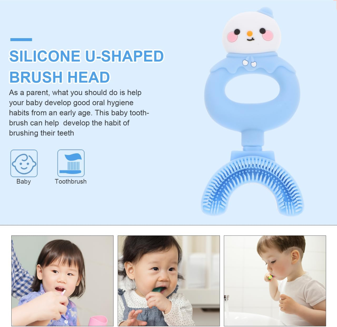 Minkissy Kids Manual Toothbrush Toddler U Shaped Soft Silicone Cleaning Tooth Brush Ages 3-8 Boy Girls Funny Snowman Design Rounded Head Home & Travel Use Blue image number 5
