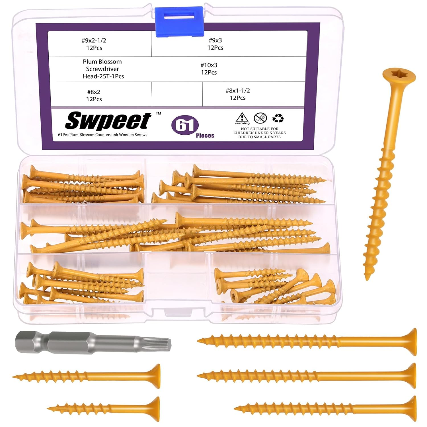 Swpeet 61Pcs 5 Sizes Khaki Deck Screws with T25 Star Bit Assortment Kit, T25 Star Torx Drive Flat Head Screws Rust Resistant, Exterior Ceramic Coated Wood Screw for Exterior Wood Projects