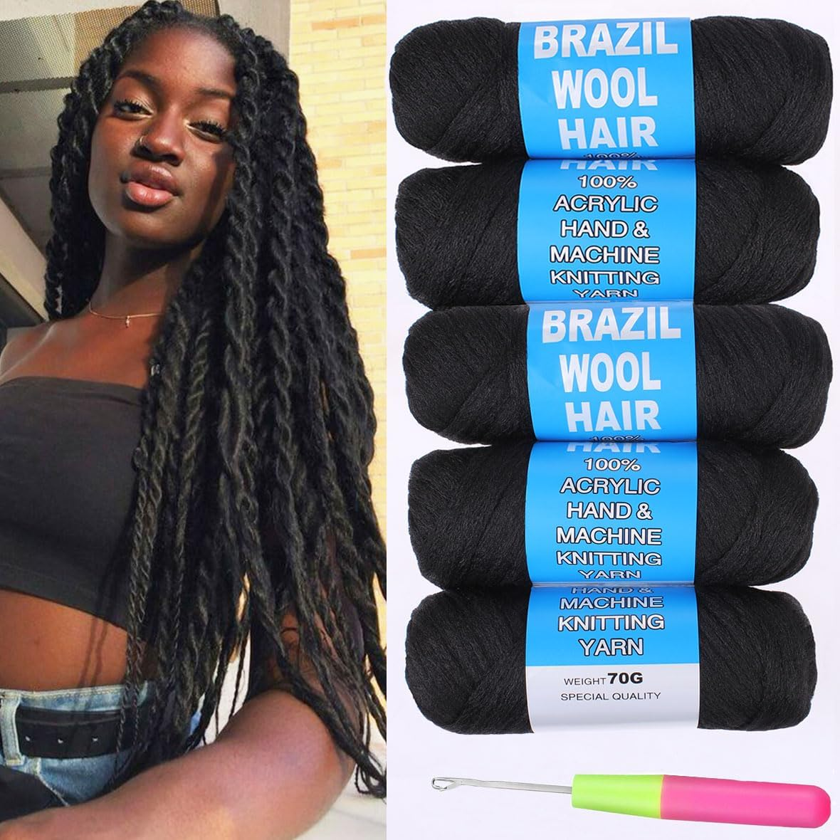 Kachanaa 5 Roll Brazilian Wool Hair for Braids Acrylic Hand Knitting Yarn for Braiding Synthetic Goddess Locs Crochet Hair Black Senegalese Twist Braiding Hair 1B# image number 7