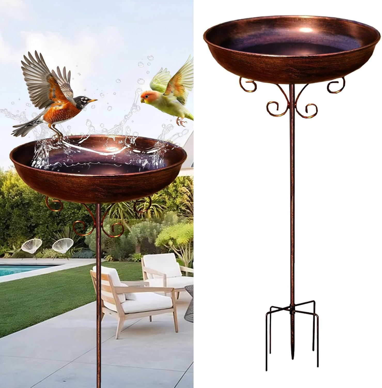 Metal Bird Bath Bowl, Vintage Freestanding Birdbath, outside Heavy Duty Garden Birdfeeder Stake Decoration, Sturdy Garden Birdbath, for Outdoors Patio Yard Lawn Wild Bird Watcher Bird Lovers image number 3